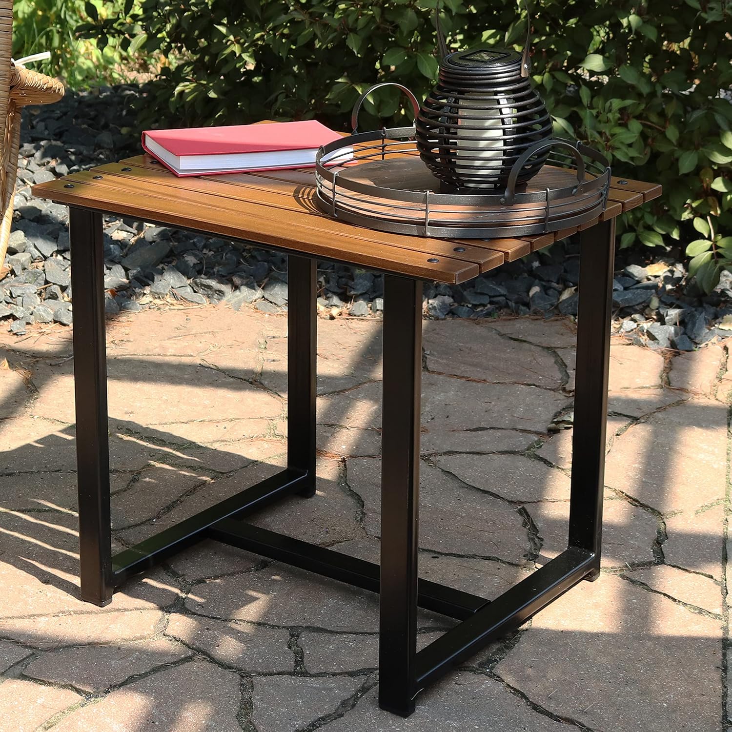 Sunnydaze European Chestnut Wooden Adirondack Side Table - Square Outdoor End Table for Patio with Steel Frame - 20-Inch - Brown