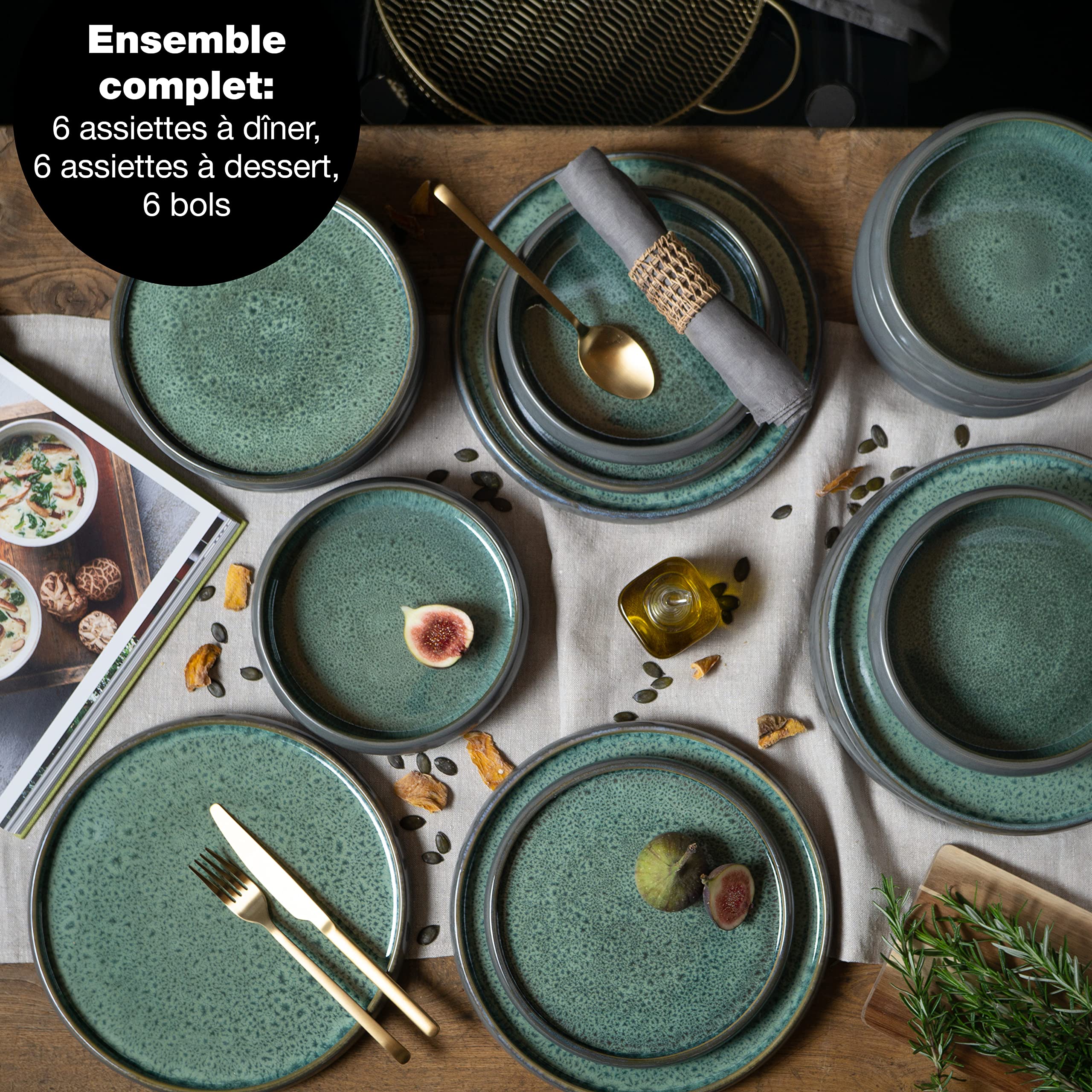 Moritz & Moritz SOLID Service de table en grès 18 pièces pour 6 personnes – Service de table pour 6 personnes composé de 6 assiettes à dîner, petites assiettes, assiettes creuses