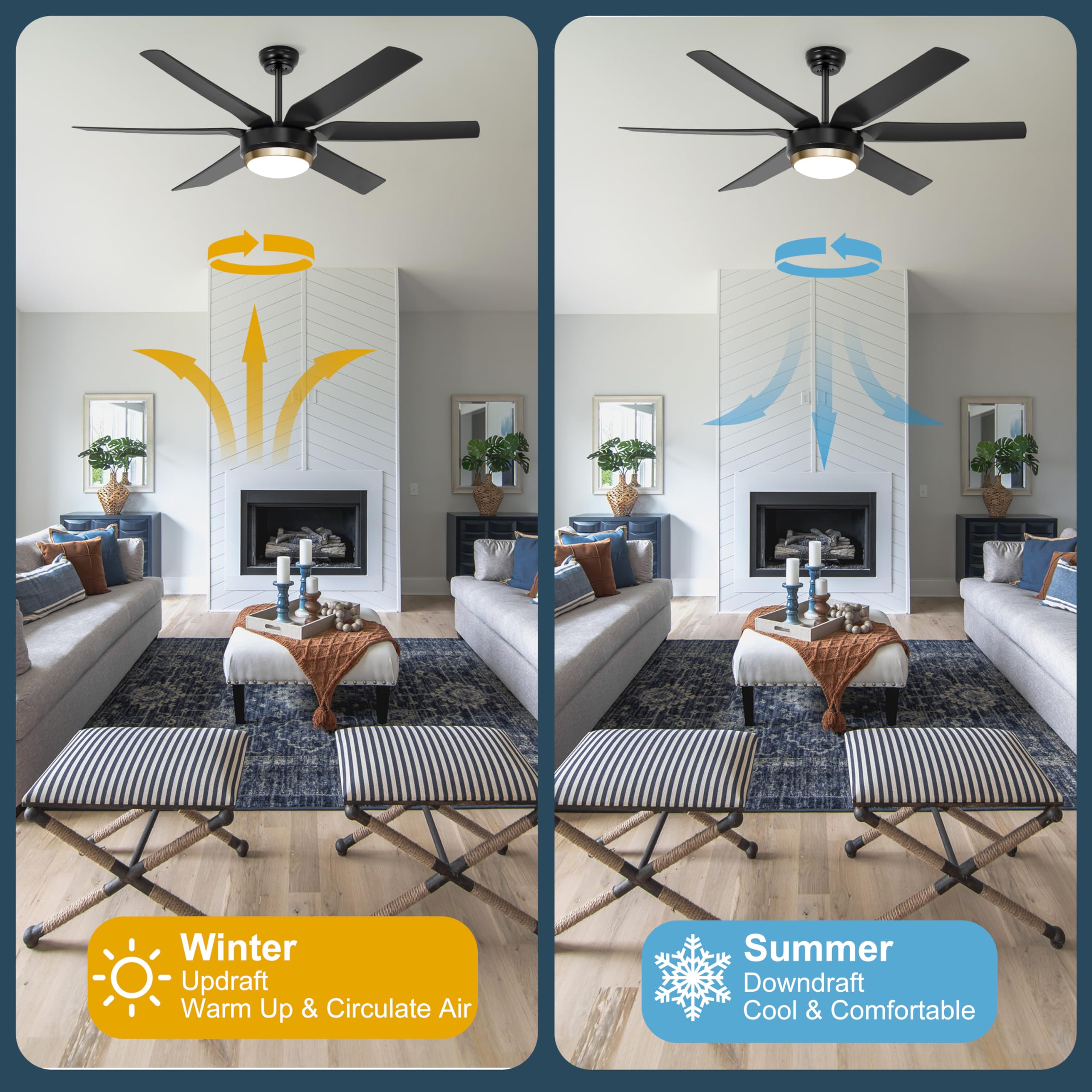 Ohniyou Ventilatore da soffitto con luce da 56 pollici (142 cm) nero ventilatore da soffitto telecomando/controllo app, dimmerabile, silenzioso motore DC, ventilatore da soffitto
