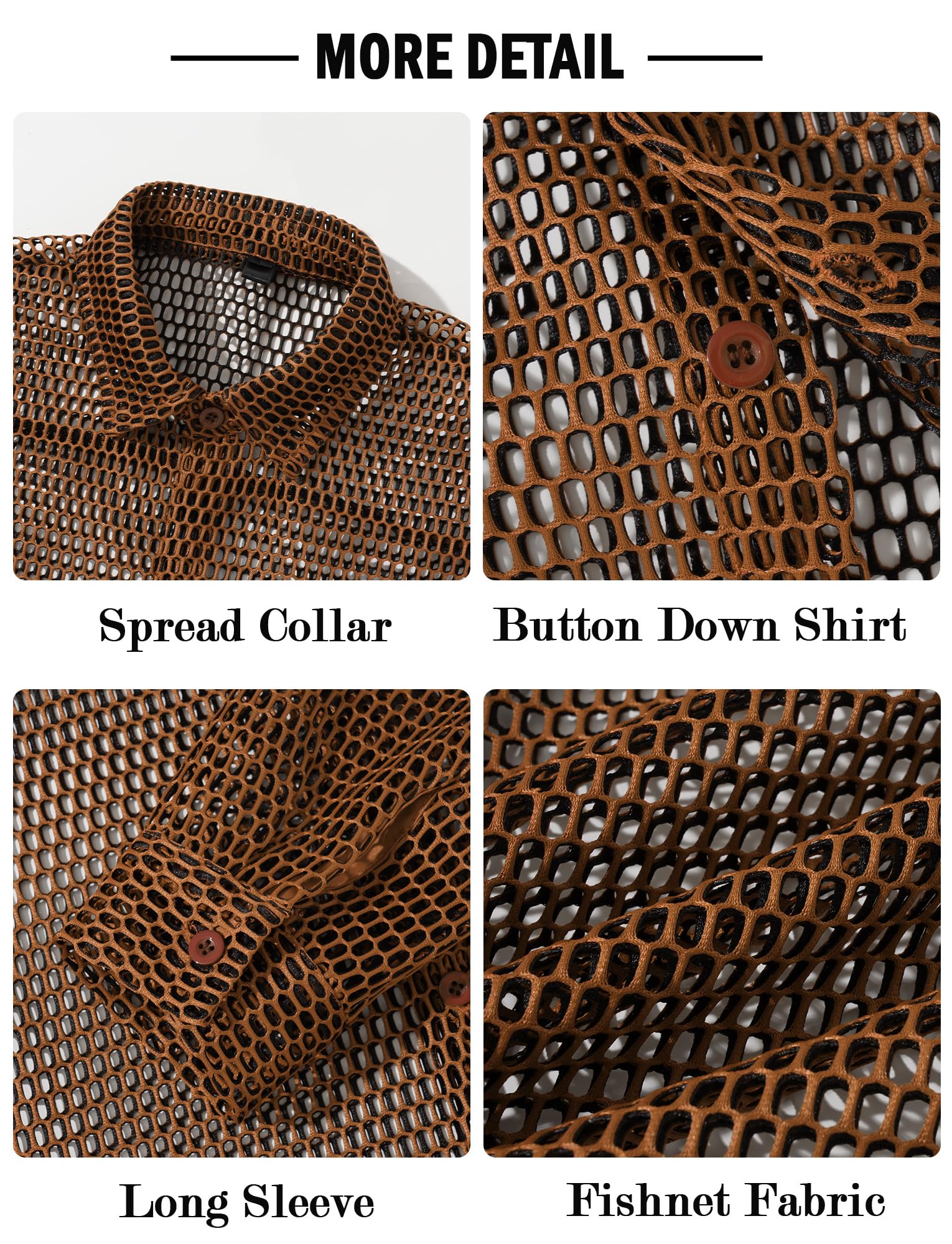 AIEOE Herren Netzhemd Langarm Fishnetz Hemd Durchsichtiges Muskelshirt Button Down Netztop S-XXL