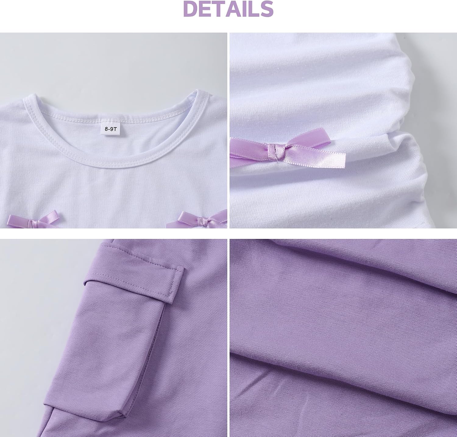 Girls 2 Piece Clothes Cute Bow Decoration T-Shirt Top + Cargo Pants Teen Girl 2pcs Outfit Set, Size 8-13 Years