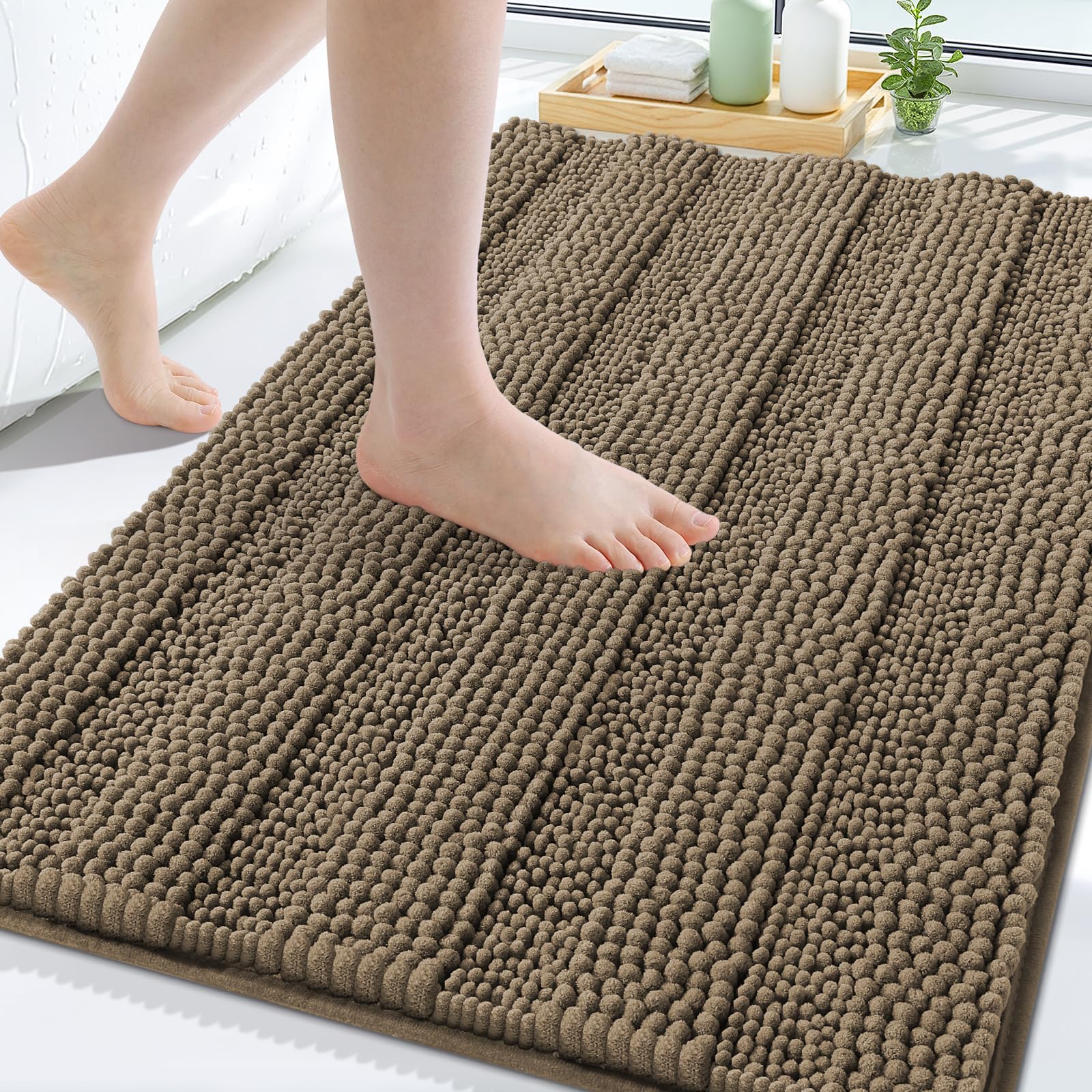 Grandaily Chenille Bathroom Rugs 30x20, Soft Absorbent Bath Mats, Camel
