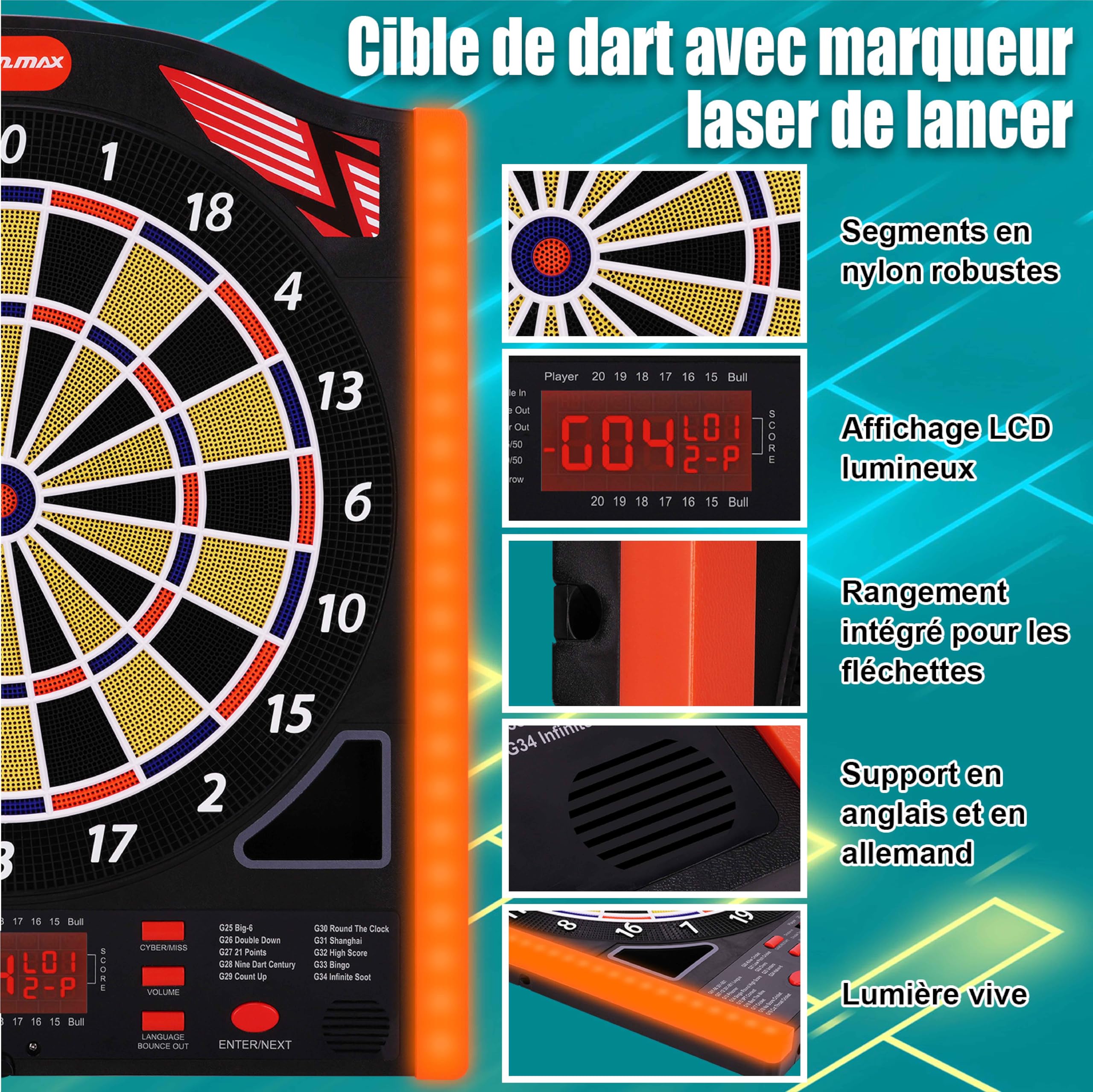 WIN.MAX Jeu de fléchette électronique Cible flechette Profi Set 34 Jeux 12 fléchettes 1-8 Joueurs