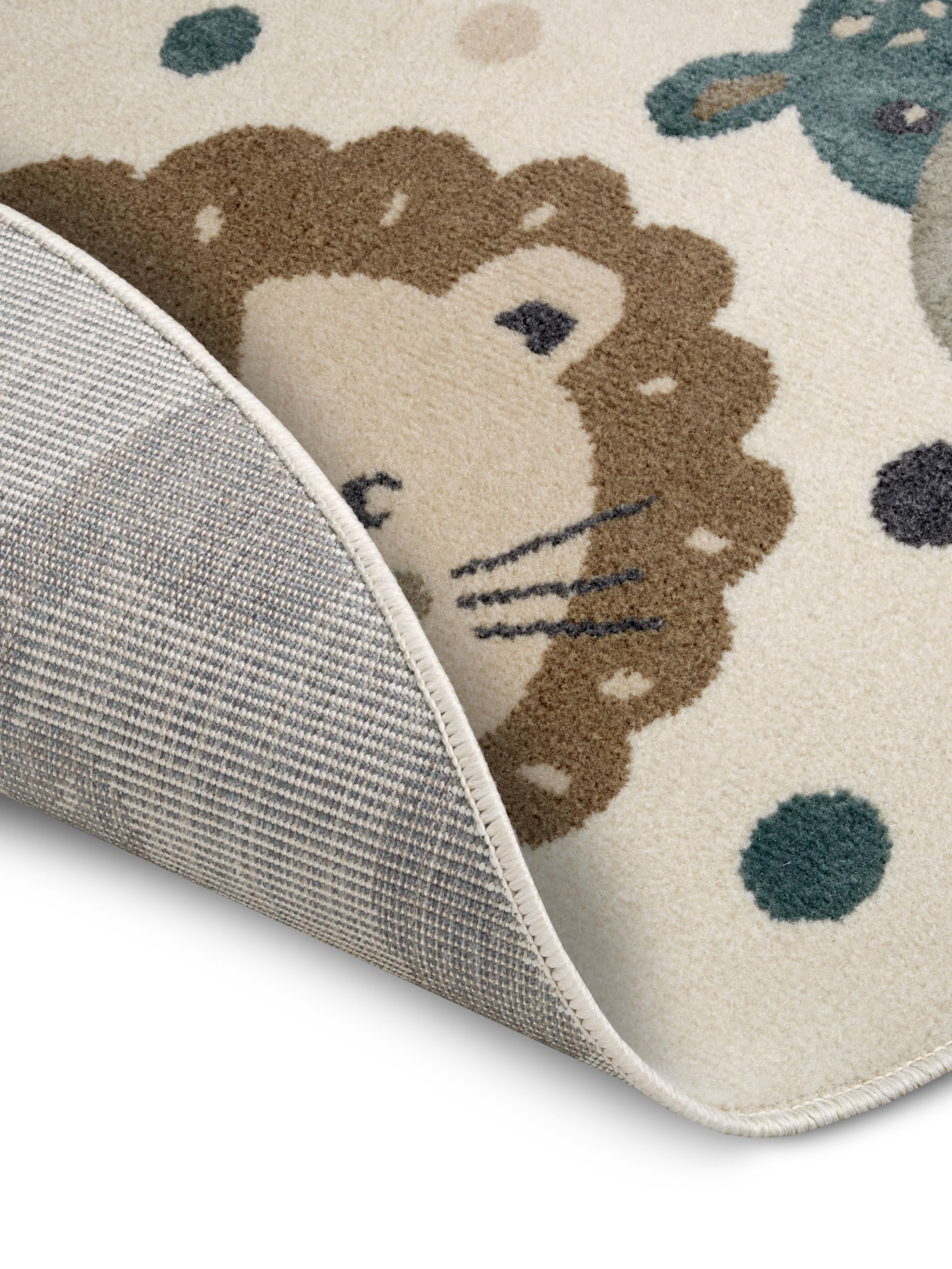 Hanse Home Adventures Kinderteppich Rund - Tiere Muster Löwe Bär Teppich Junge Mädchen für Kinderzimmer, Spielzimmer, Jugendzimmer, Wohnzimmer - Creme Braun Blau, 100cm