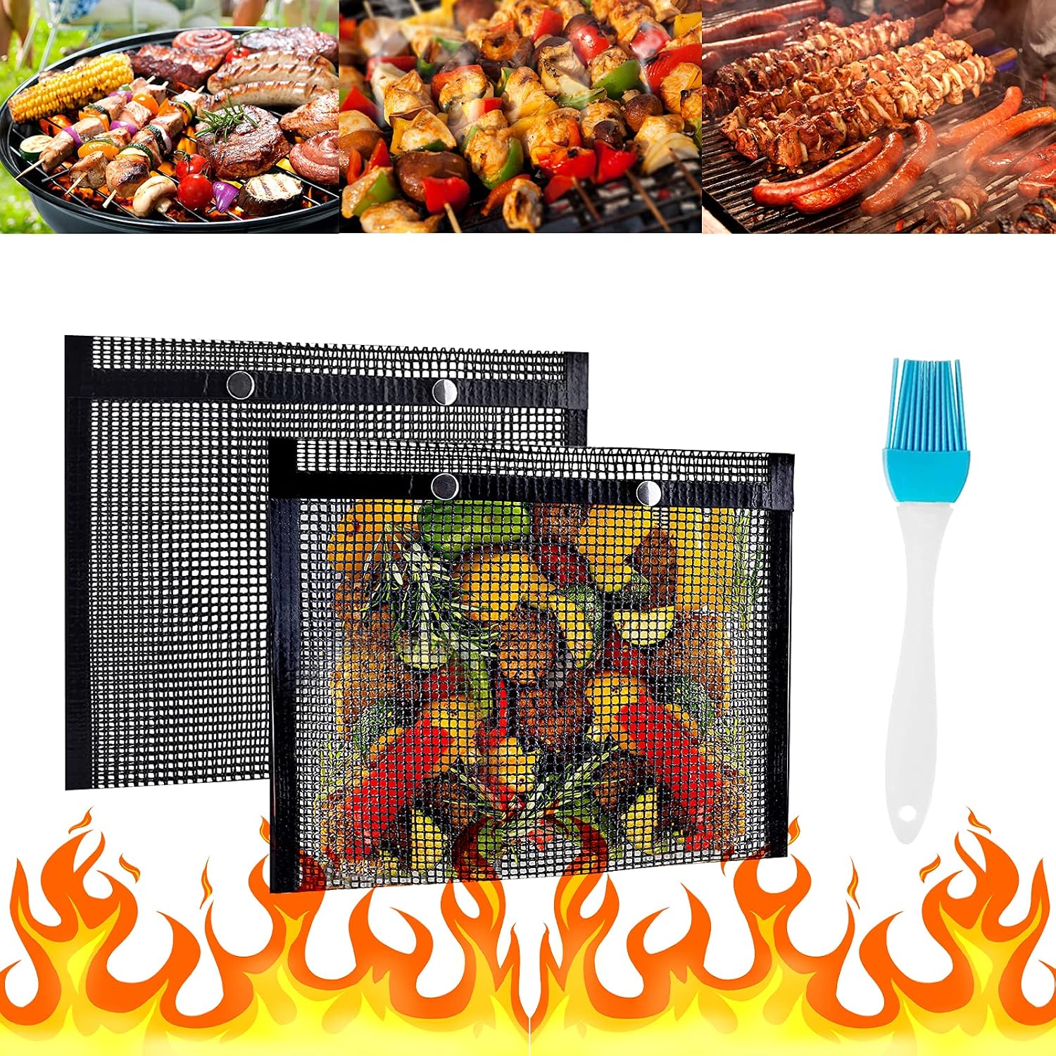 BBQ Grill Mesh Bag,Non-Stick Barbecue Grilling Mesh Mat Copper BBQ Baked Reusable and Easy to Clean for Gas Grill with Free Oil Brush