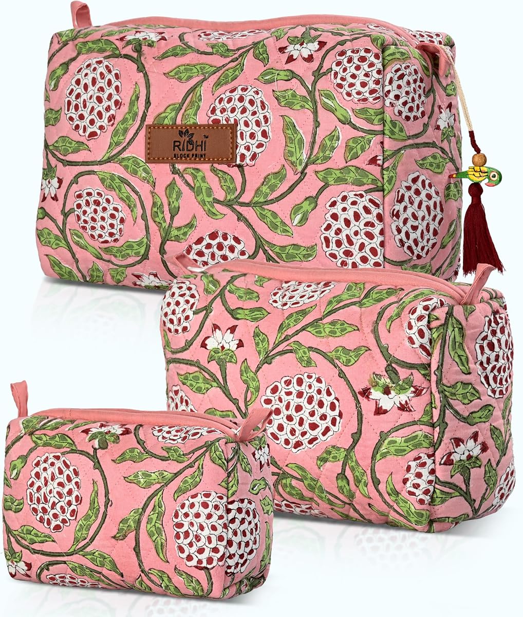 Strawberry Pink Hand Block Printed Floral Toiletry Bag For Women 100% Cotton Quilted Set of 3 Waterproof Inner Lining, Cosmetic Jewelry Organizer, Travel Pouch, Essential Storage Purse Gifts