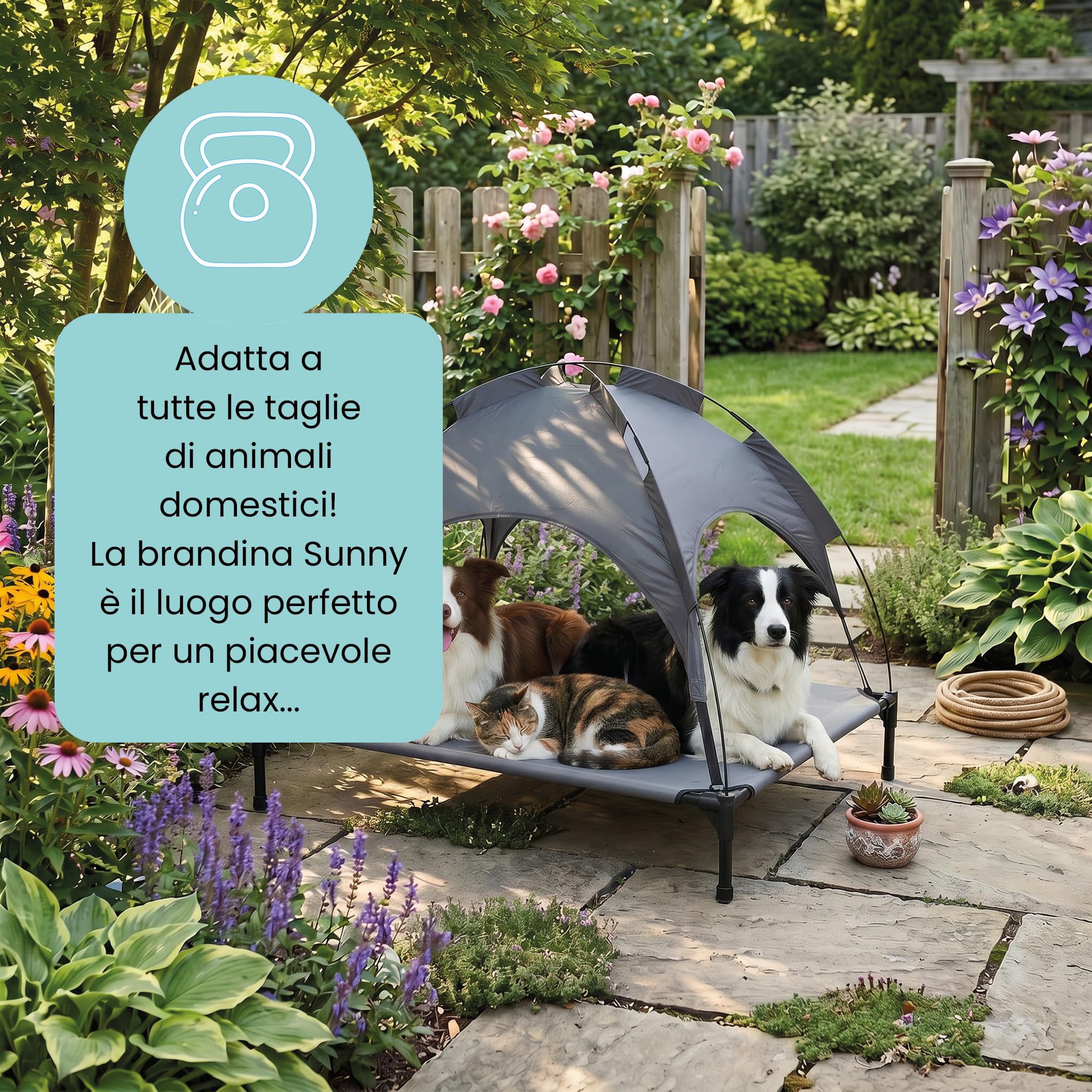 Italian Bed Linen – Brandina Rialzata per Cani "Sunny", Lettino con Tettuccio Protezione UV e Impermeabile, Tessuto Traspirante Anti-Umidità, Portata 50kg, Ideale per Esterno e Giardino, 105x85x85 cm
