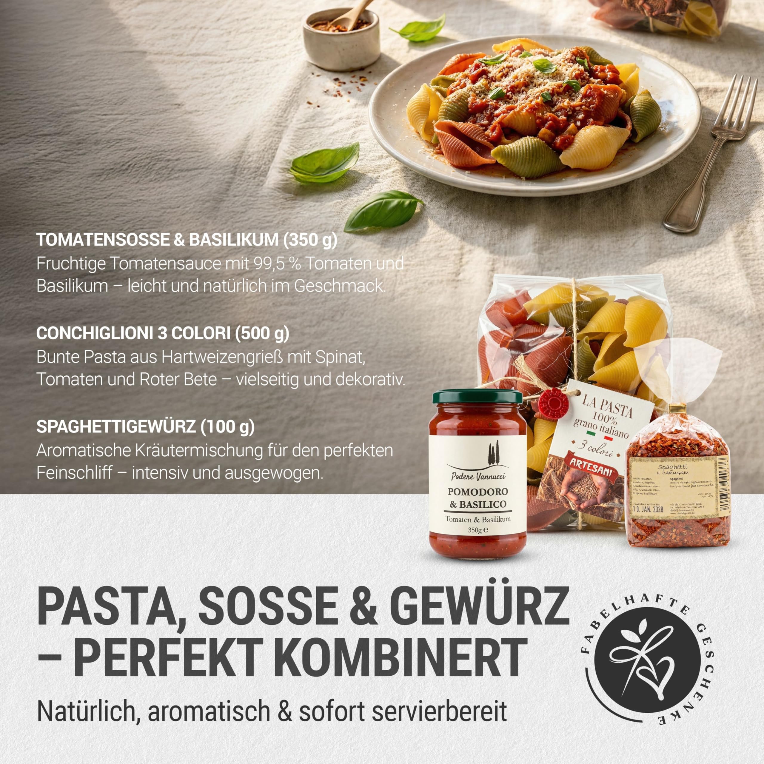 Pasta Vibes – italienischer Präsentkorb für Männer & Frauen | Pasta-Geschenkset für Männer & Frauen | Feinkost-Geschenkidee zum Geburtstag, Weihnachten, Date Night ("Vielen Dank" Banderole)
