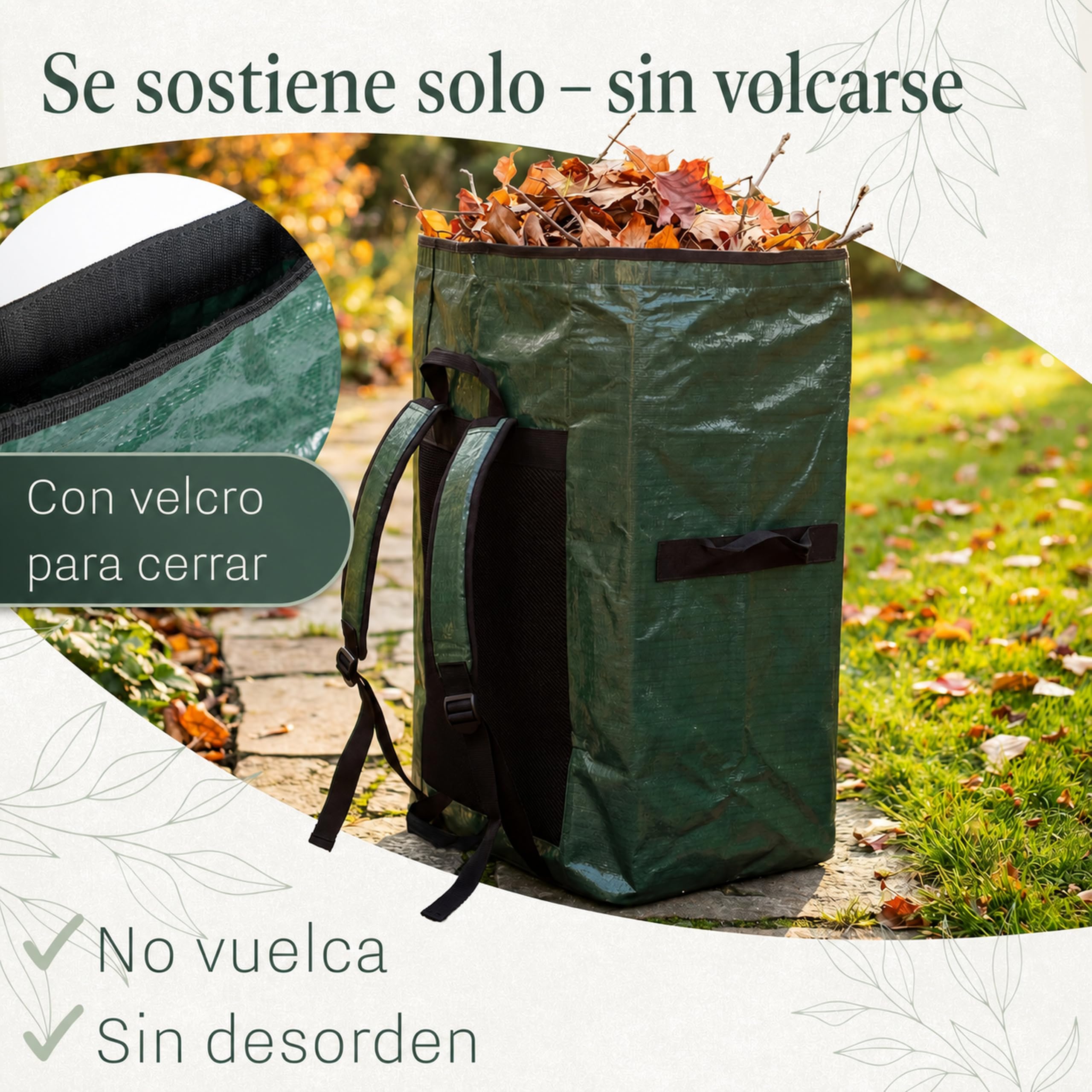 Bolsa de Basura de Jardín 115 L – Manos Libres, Autoportante | Manos libres con sistema de mochila acolchado | 115 L | autoportante y reutilizable | tejido PP de doble capa, resistente