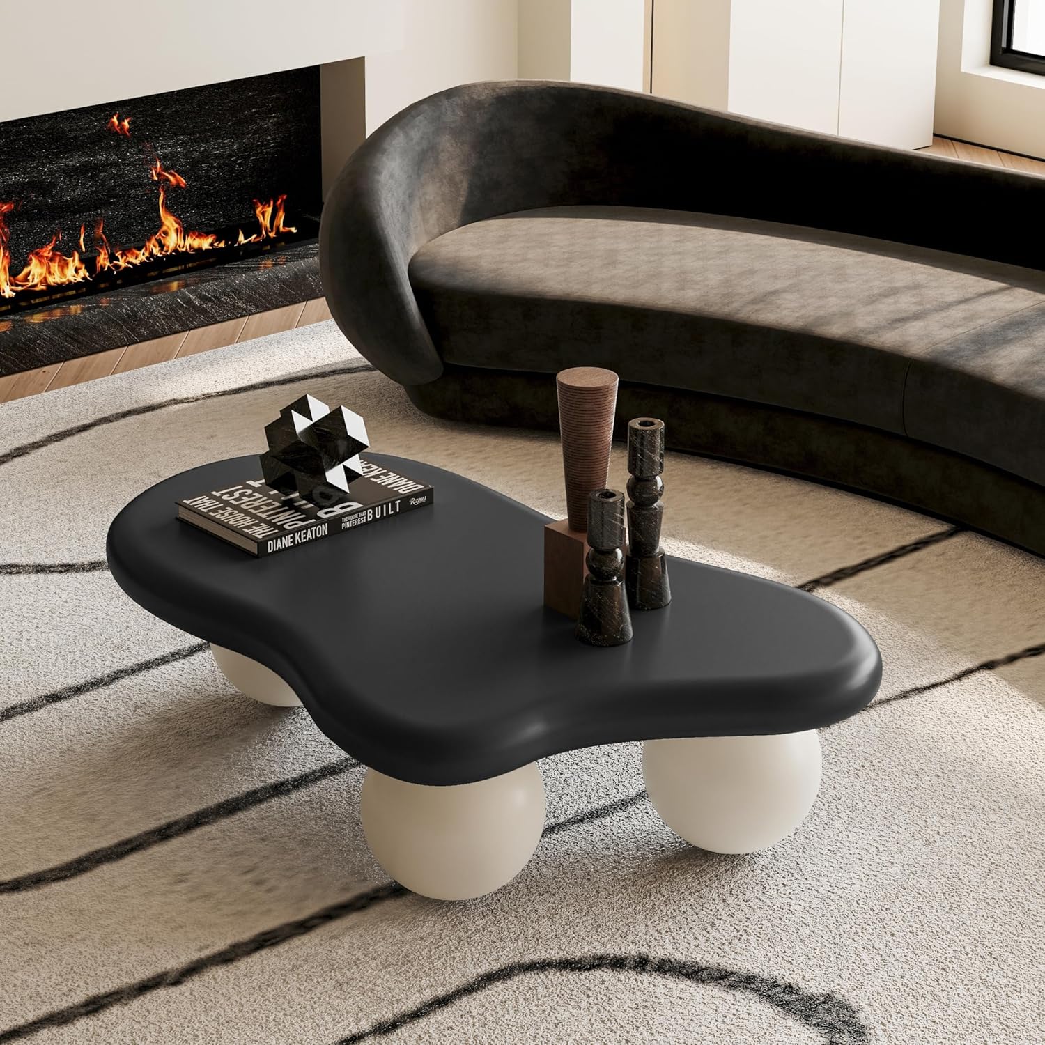40" Cloud Coffee Table with Round Edge, Modern Coffee Table with 3 Ball Legs, Accent Unique Center Tables for Living Room, Balcony, for New Home, Easy Assembly, Black Top White Legs