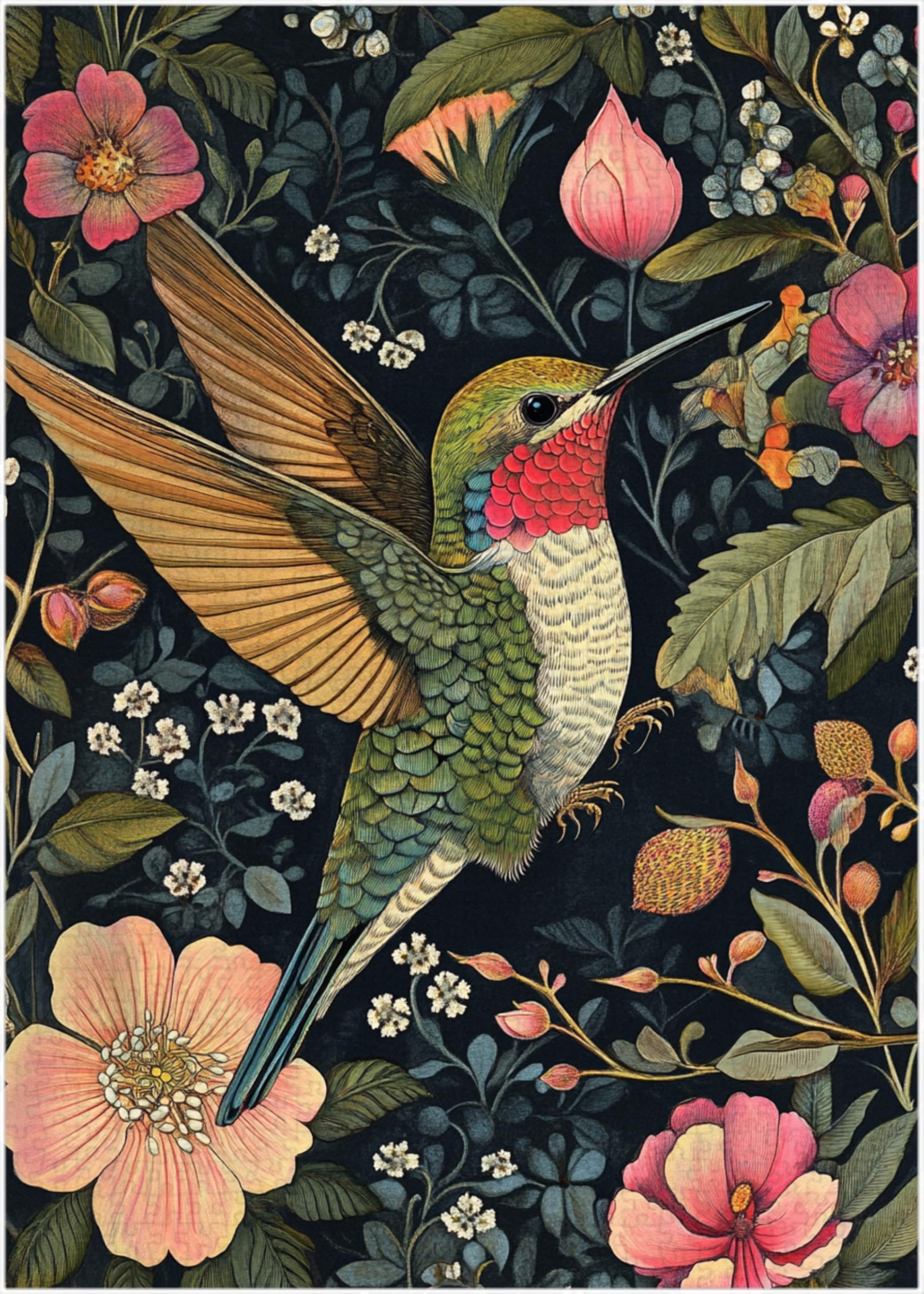 Vintage Floral Hummingbird Jigsaw Puzzle 1000 Pieces for Adults - Floral Puzzle Gift for Bird Lovers - 1000pc Heritage Victorian Design Decor Puzzles (50x70cm / 19.685"x27.559")