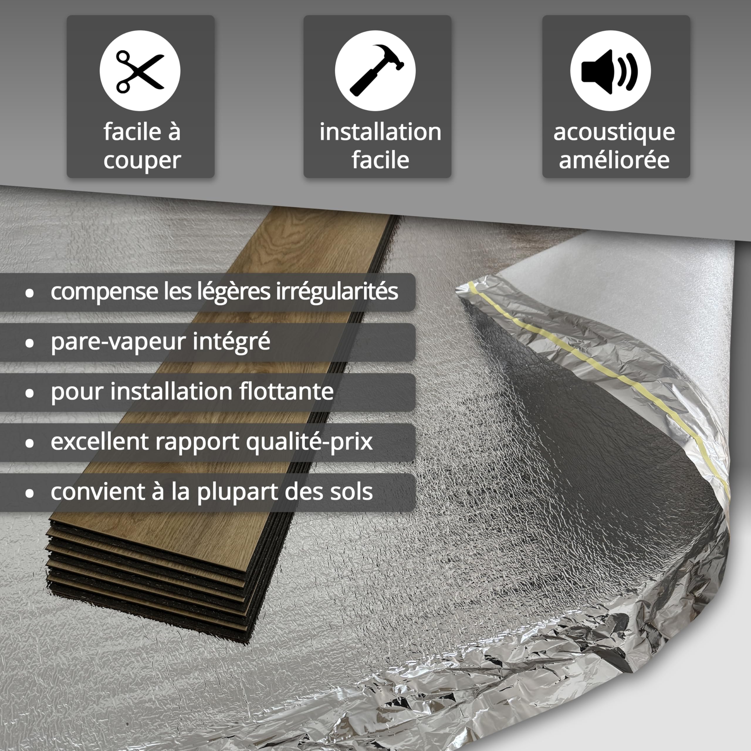 Sous-couche d'isolation acoustique aux chocs uficell® ALU Plus en mousse PE avec pare-vapeur en aluminium, idéale pour les sols stratifiés et parquetés, épaisseur : 3 mm (épaisseur 3 mm | 25 m²)