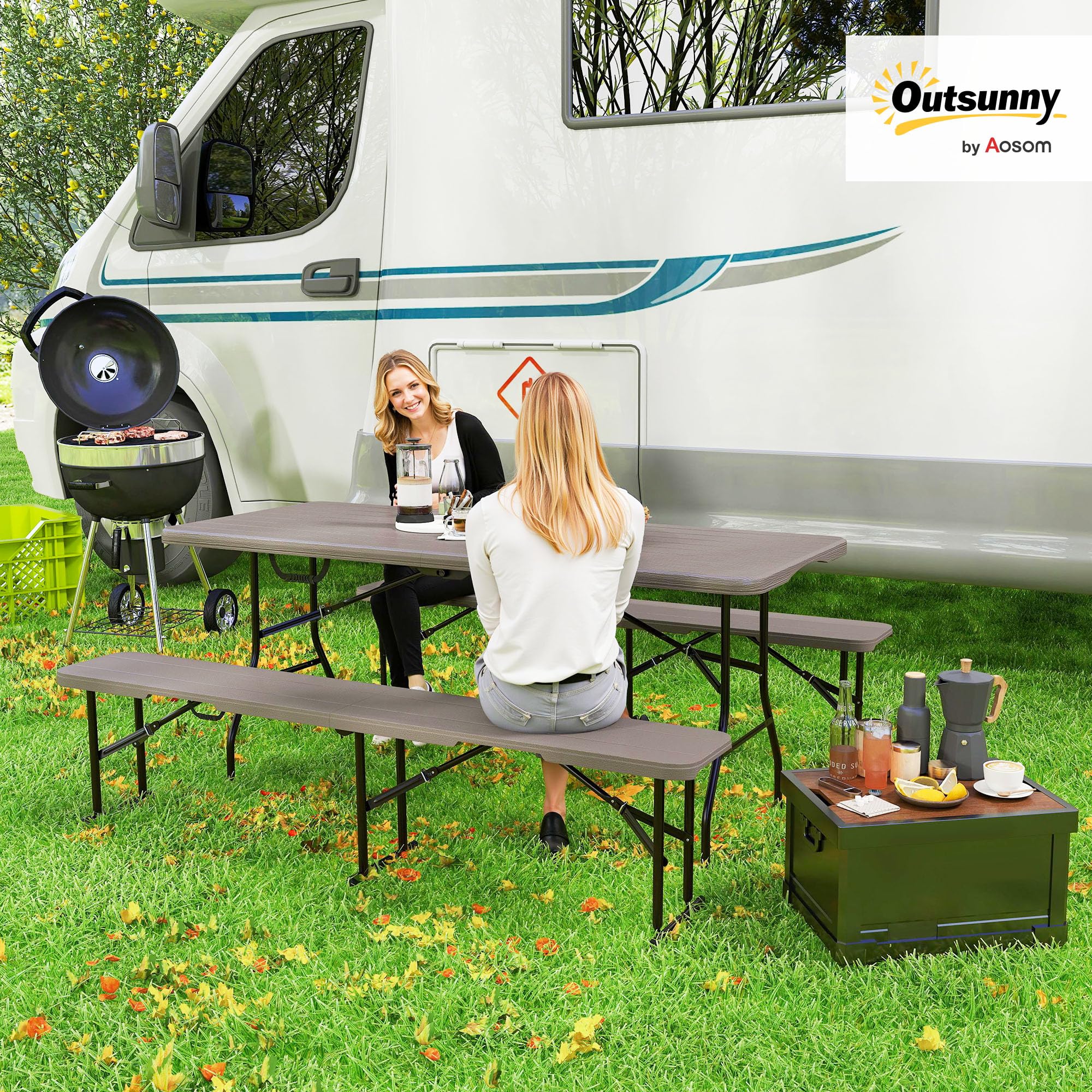 Outsunny Conjunto de Camping Plegable de 3 Piezas Mesa Plegable Camping con Bancos Incluye 1 Mesa 180x74x74 cm y 2 Bancos Efecto Madera Impermeable para Acampadas Jardín Pícnic Marrón