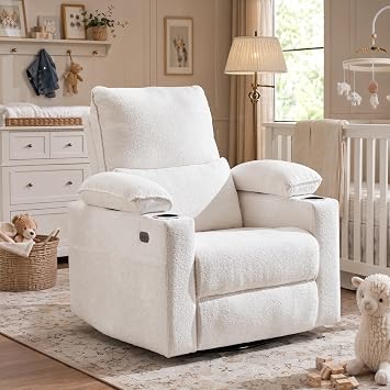 270 Swivel Rocker Recliner with Adjustable Armrests,Oversized Power Nursery Recliner with USB Port,Rocking Chair Nursery with One-Touch Reset,Double Cup Holder,Chenille,White