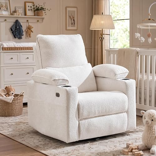 270 Swivel Rocker Recliner with Adjustable Memory Armrests, Oversized Power Nursery Recliner with Heating and Massage, Rocking Chair with One-Touch Reset, Double Cup Holder, Chenille, White