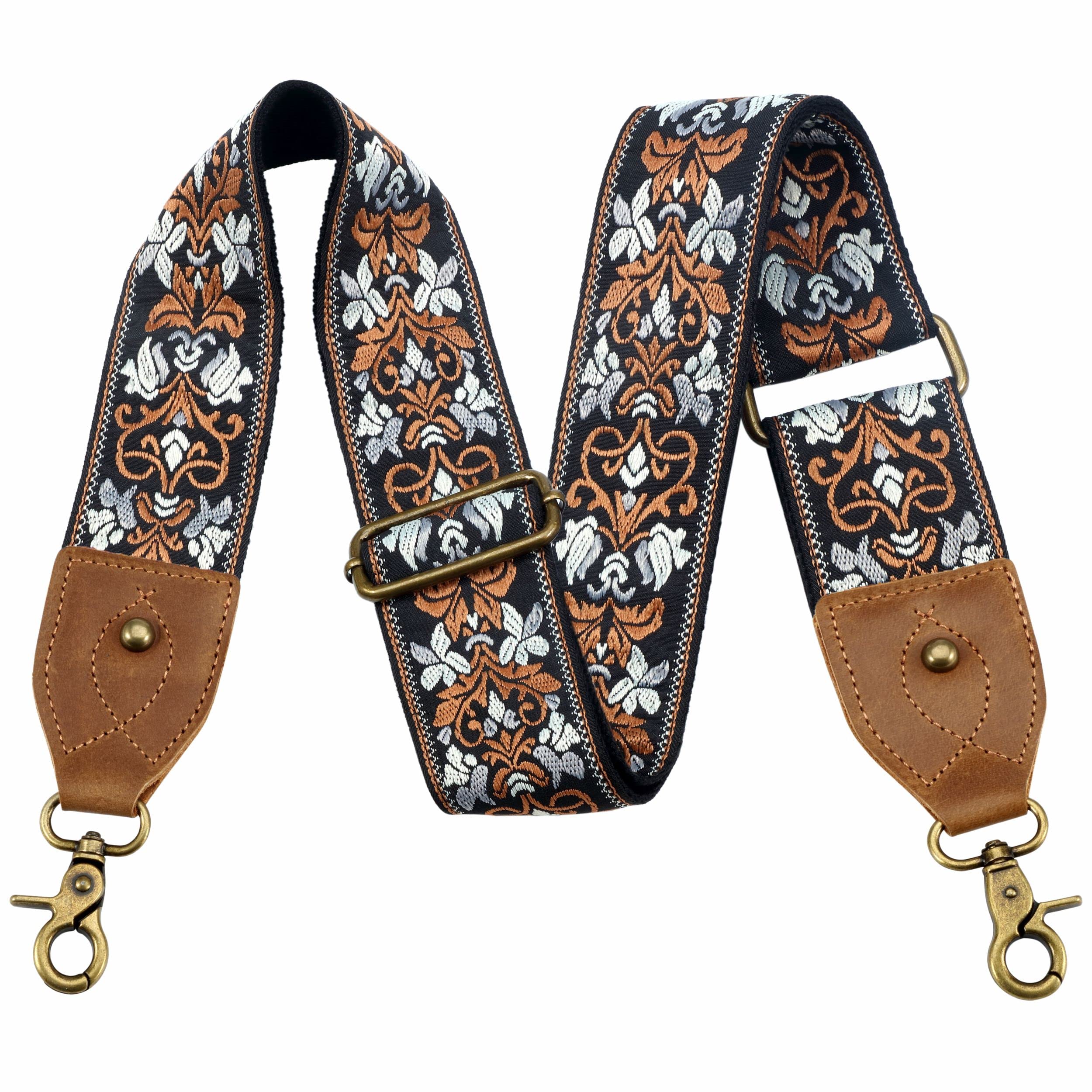 Nefelibata Purse Strap-2"Crazy Horse Leather Bag Strap Adjustable Replacement,Retro Jacquard Embroidery Crossbody Straps
