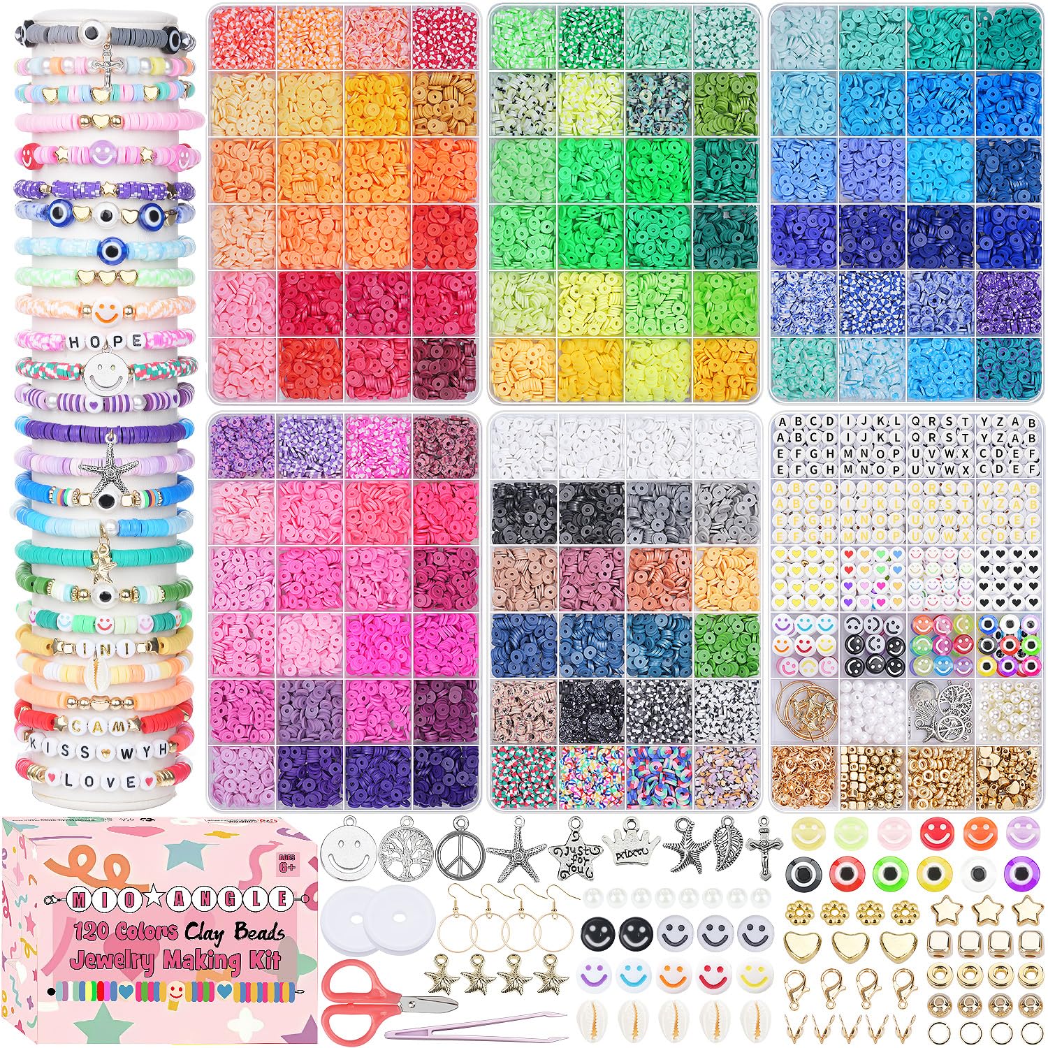 Mio Angle Friendship Bracelet Making Kit 6 Box 120 Colors Clay Beads Heishi Beads Jewelry Making Kit Letter Beads Charms Pearl Cute Chams Holiday Gifts for Girls Adults