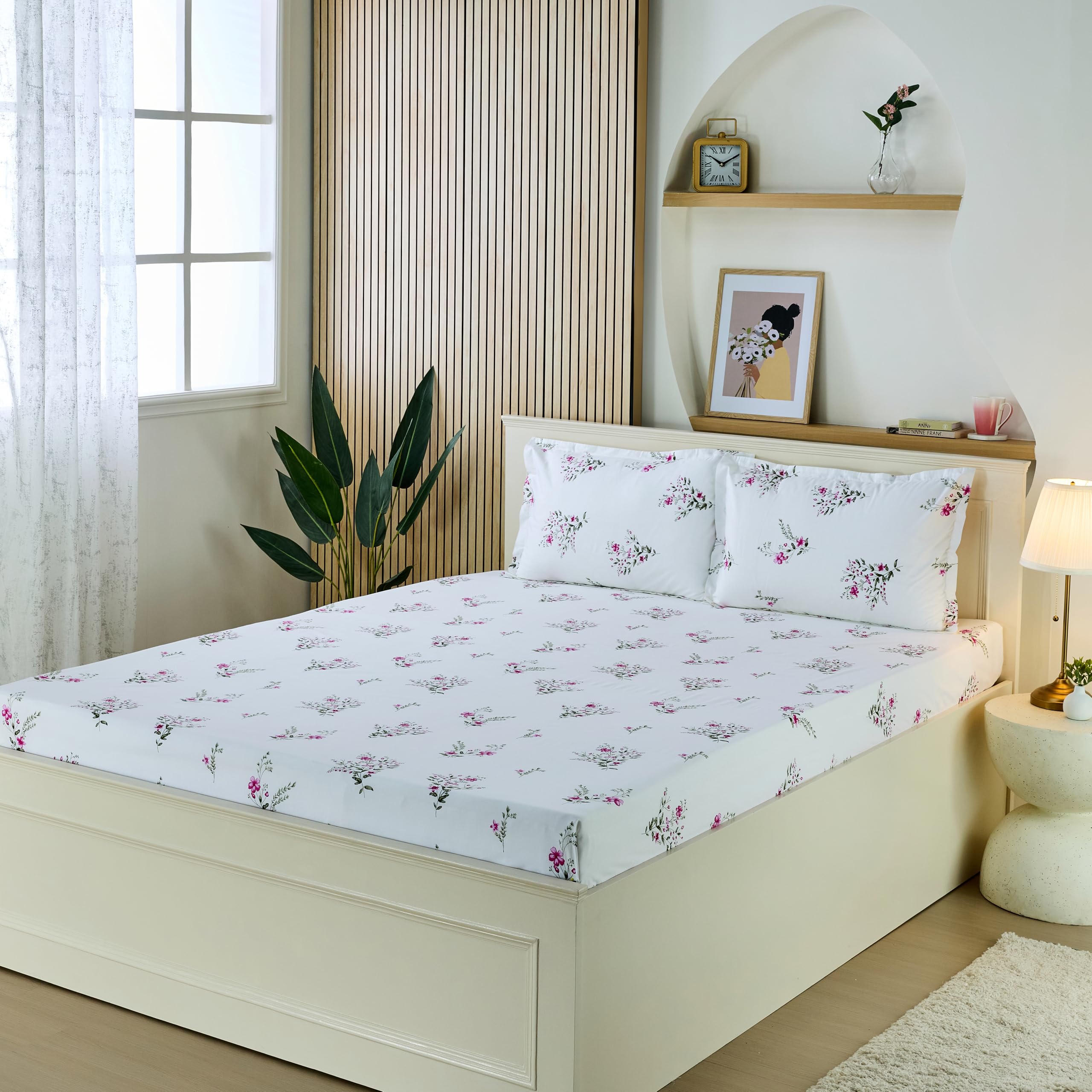 Amazon Brand - Solimo King Size Flat Bedsheet with 2 Pillow Cases | 200 TC | 100% Cotton | Washing Machine Washable | 90 x 108 Inches | Floral Design (Pink)-picture-33