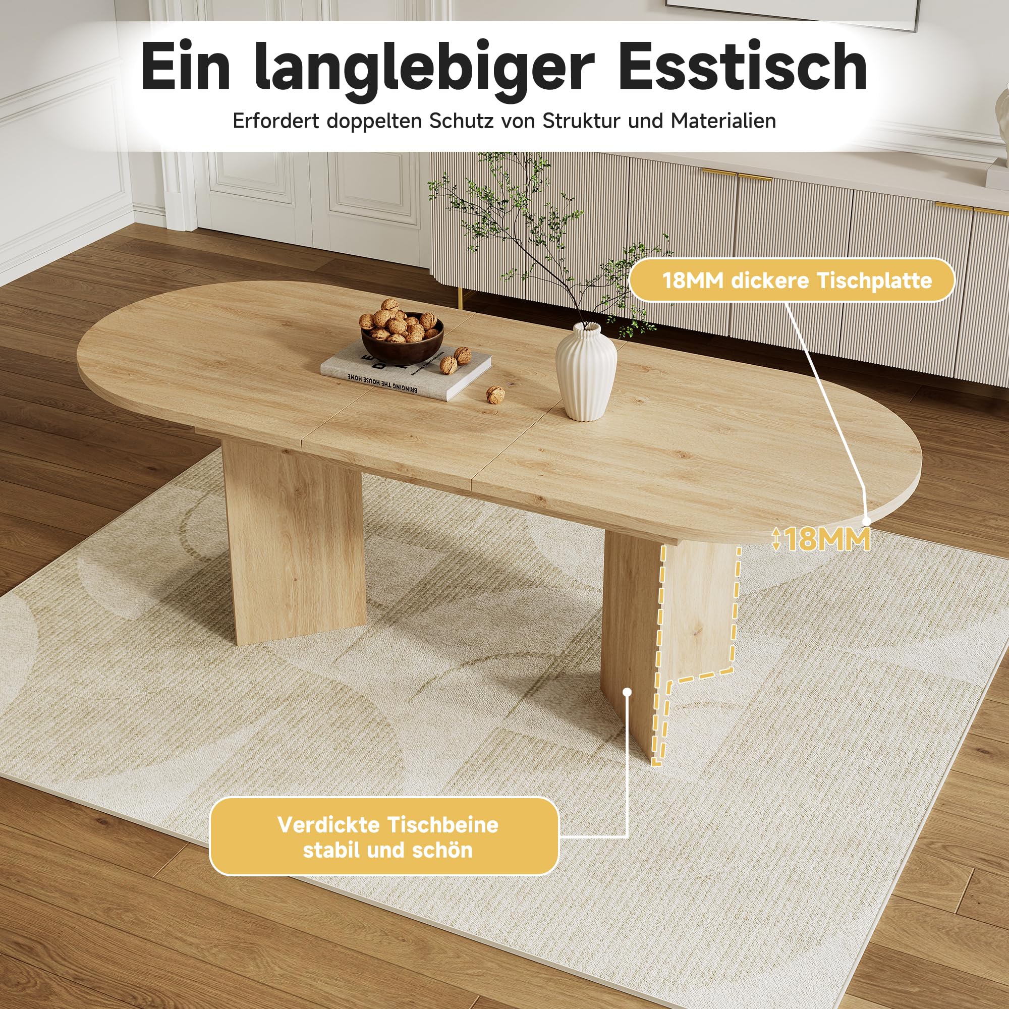 SUKY Mesa de comedor extensible, adecuada para 4 – 6 personas, con esquinas redondeadas, mesa de comedor de estilo simple, extensible, 120/160 x 80 cm, color roble