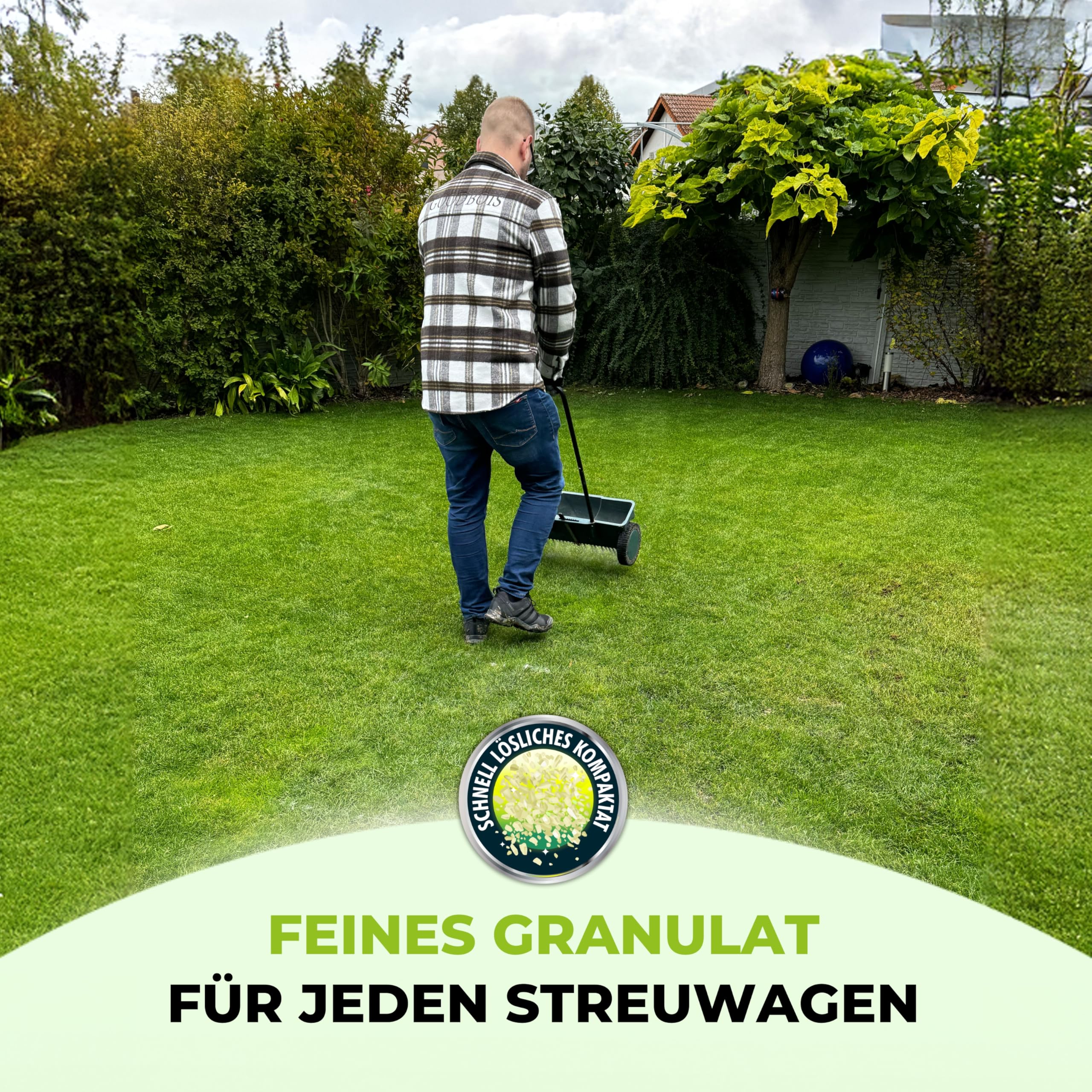 TerraUno Rasendünger Frühjahr Mooslos Glücklich, Moosfrei in 3 Tagen, 10 kg für 300 m², Eisendünger gegen Moos, extrafeines Granulat, Frühjahrsdünger Rasen, Dünger für den Streuwagen