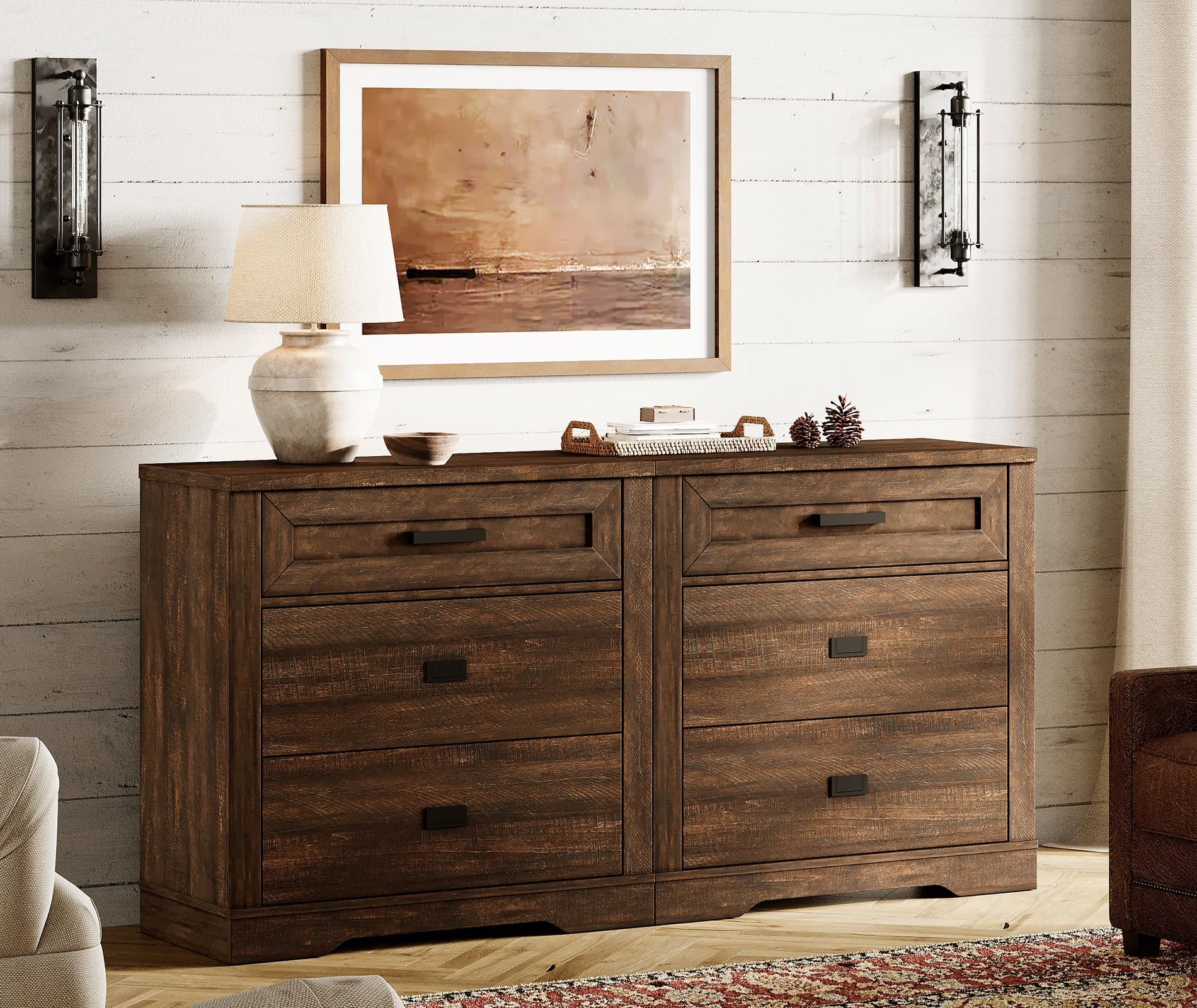 WAMPAT 2-in-1 Farmhouse 6 Drawers Dresser for Bedroom, 63-inch Wide Chest of Drawers, 32-inch Tall Rustic Dresser TV Stand for Living Room, Rustic