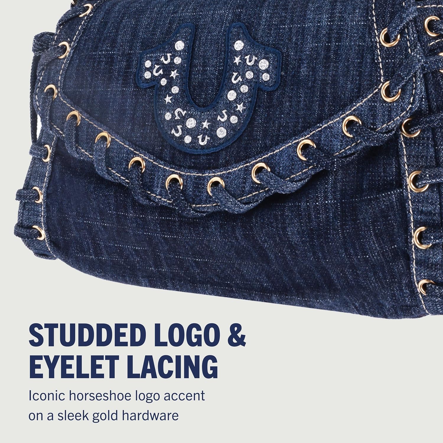 True Religion Studded Horseshoe Eyelet Denim Flap Bag, Crossbody Shoulder Handbag with Logo and Stud Details, Dark Denim - Image 3