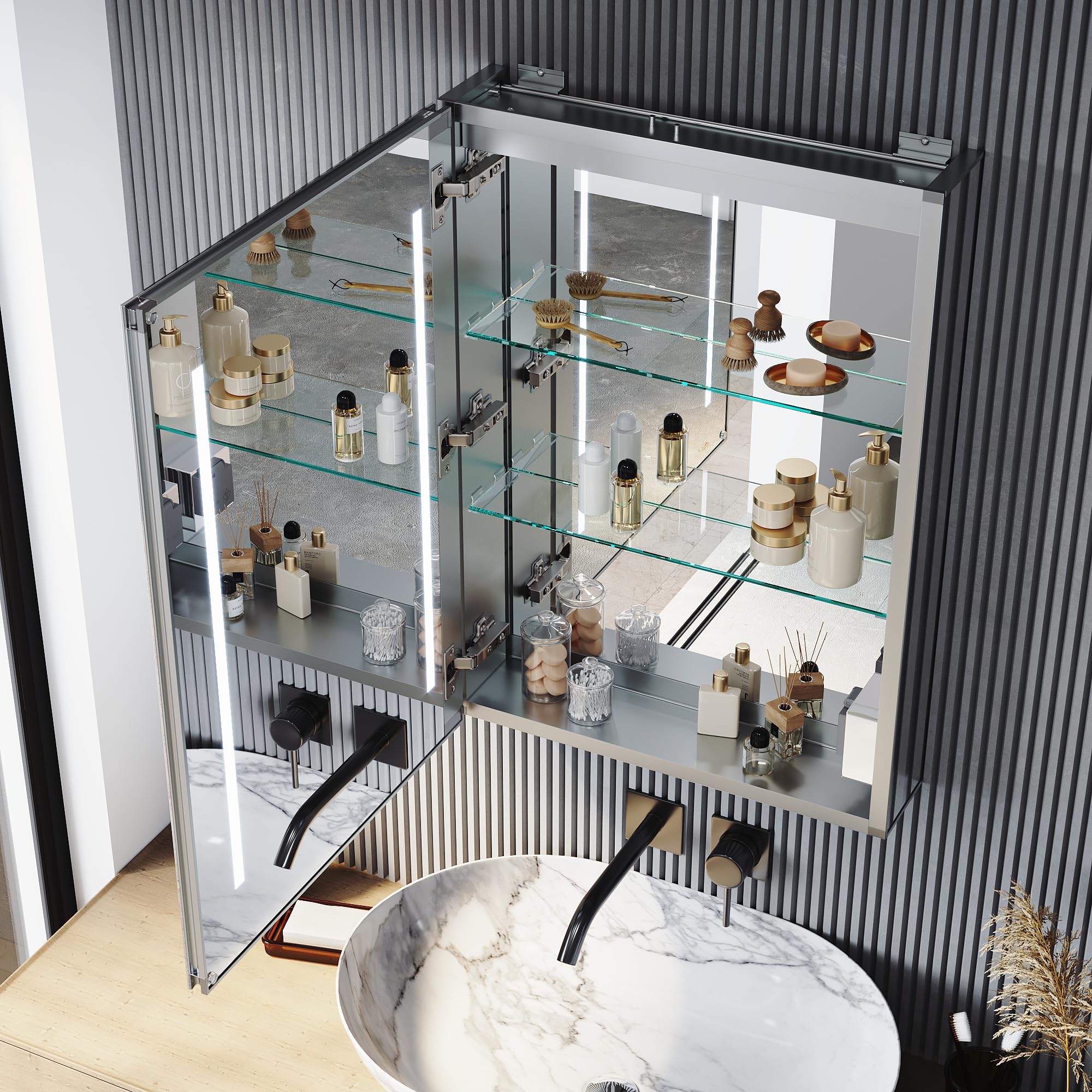 SONNI Premium Aluminium Spiegelschrank Bad 50x70cm mit LED Beleuchtung - Innovatives Kabelloses Scharnier, Innenbeleuchtung, Rundum verspiegelt, Steckdose & Anti-Beschlag - Vormontiert
