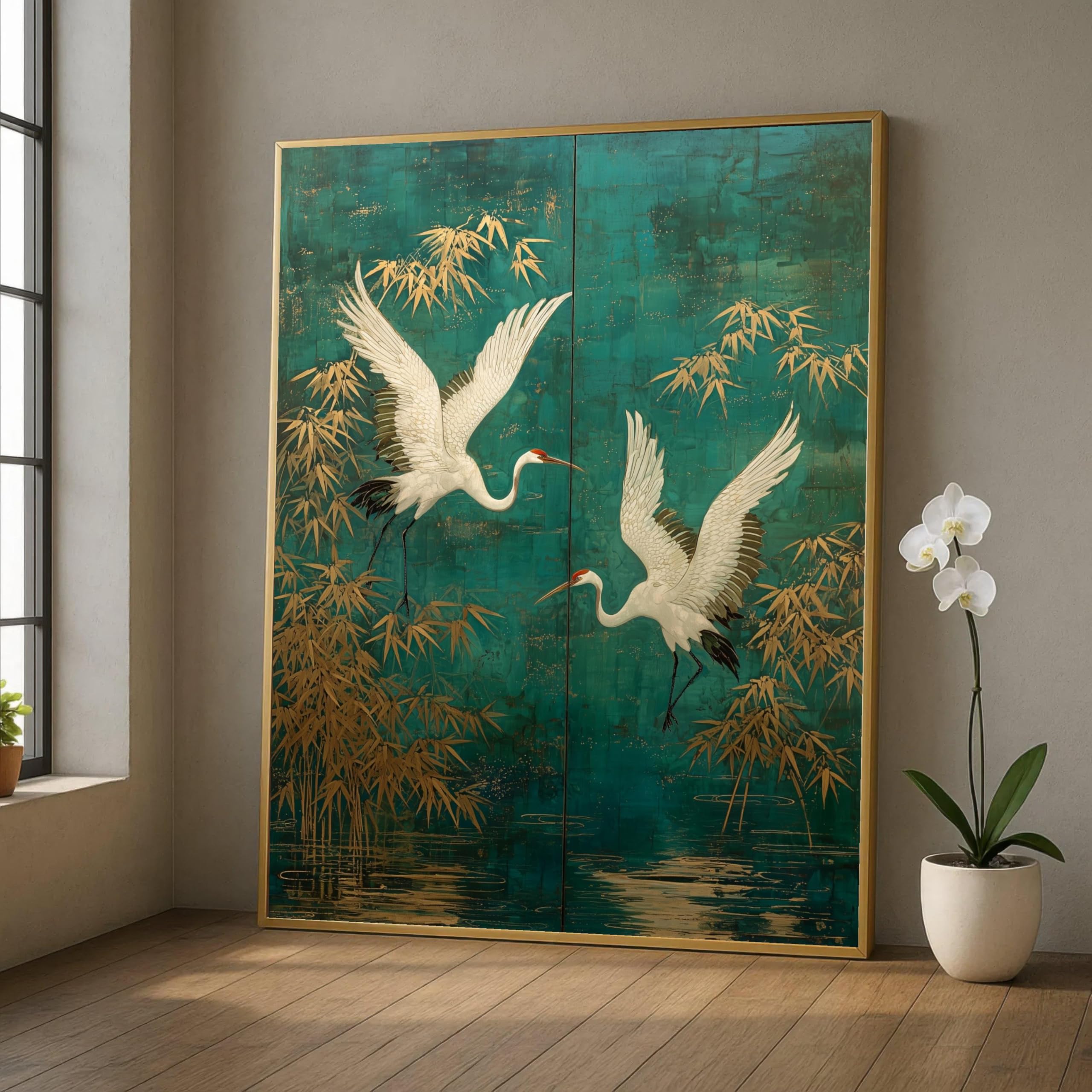 LMYCHENG Cranes in Flight Canvas Wall Art, Bamboo Scene Posters, Teal and Gold Bird Painting Print, Oriental Style Home Decor(50x70cm/Frameless)