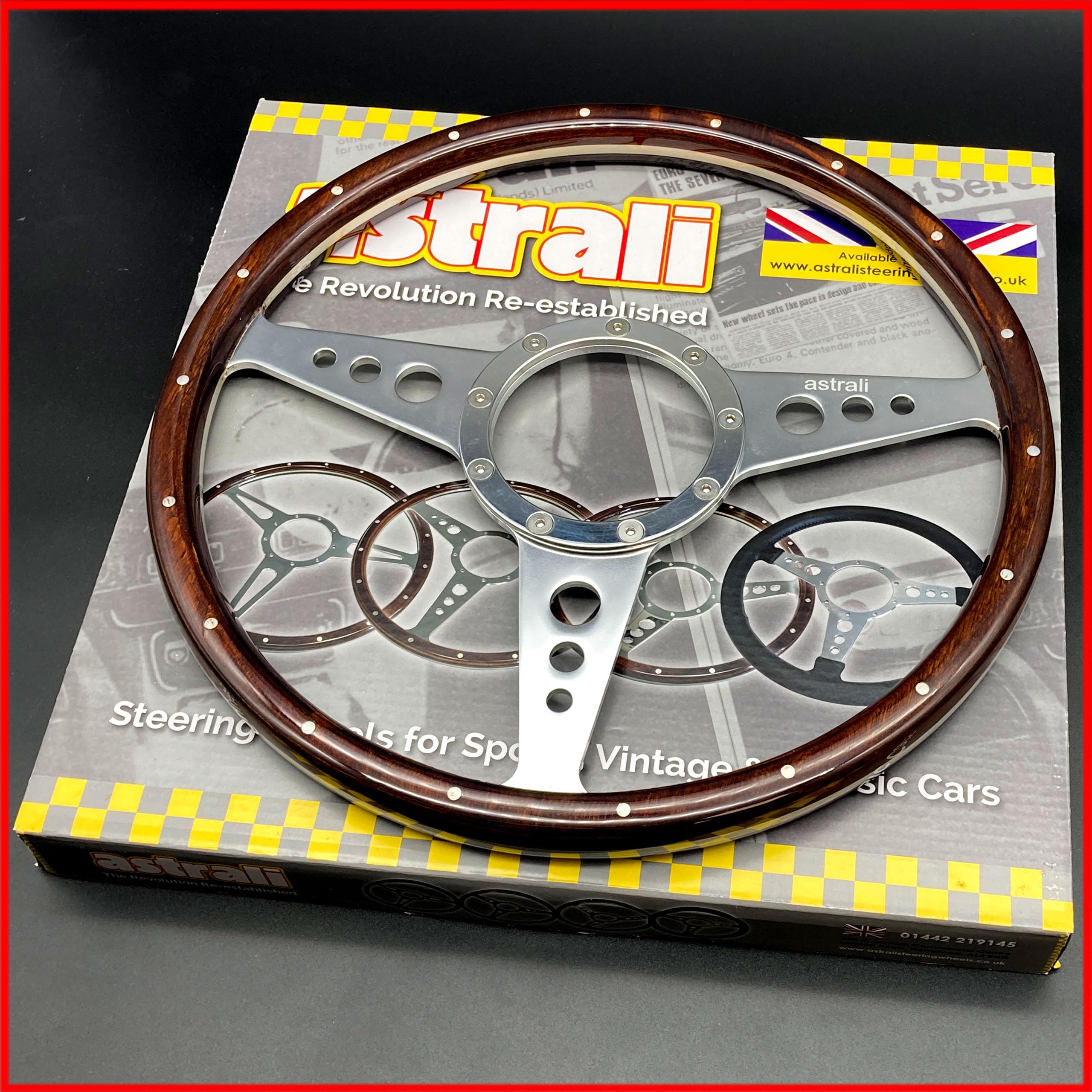 Astrali Volant en bois avec rayons en alliage brossé pour voitures classiques et en kit, compatible avec Moto Lita et Mountney Bosses (Monza 35,6 cm)