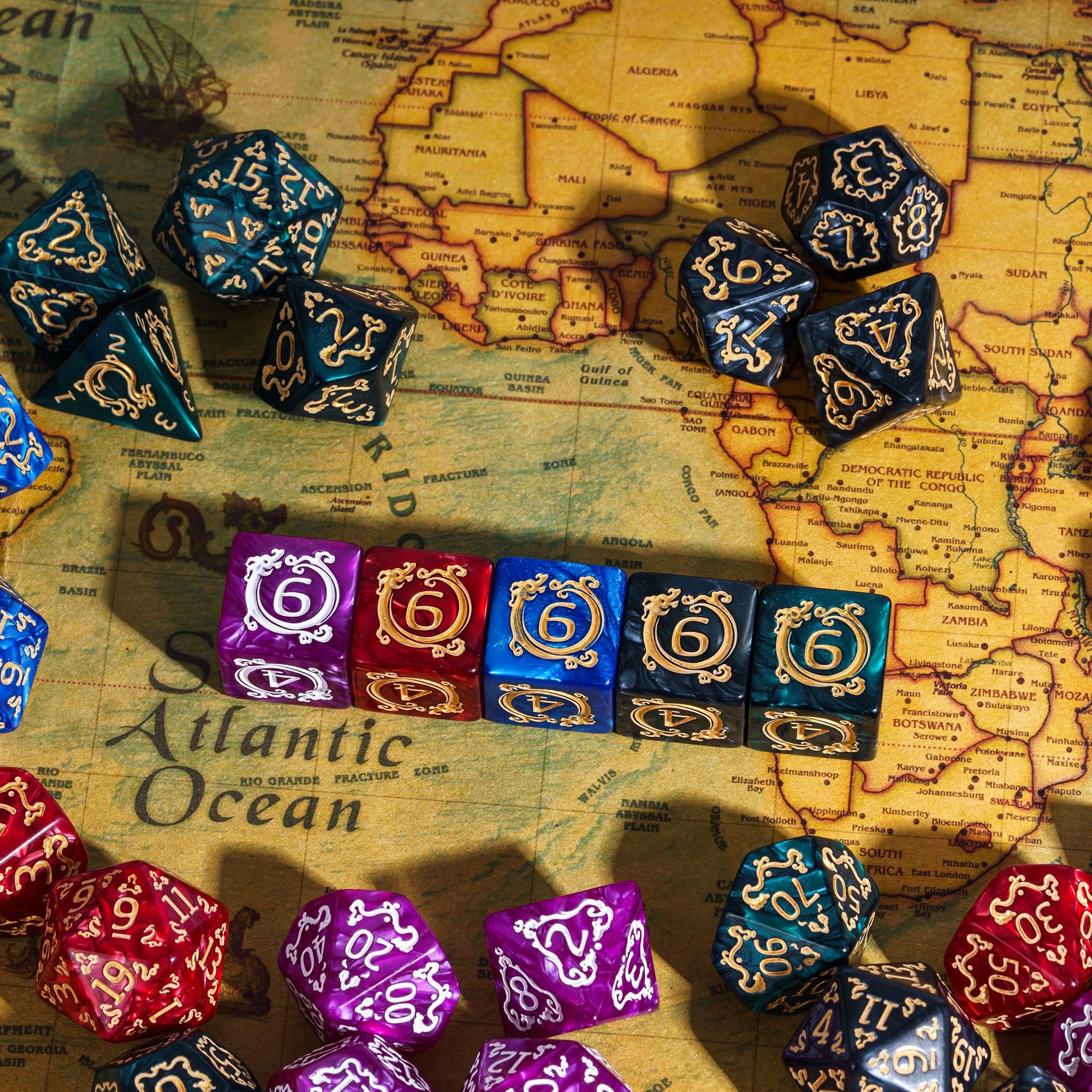 Set di 5 set di dadi poliedrici con motivo drago, 35 pezzi, con borsa in pelle, set di dadi per giochi di ruolo da tavolo
