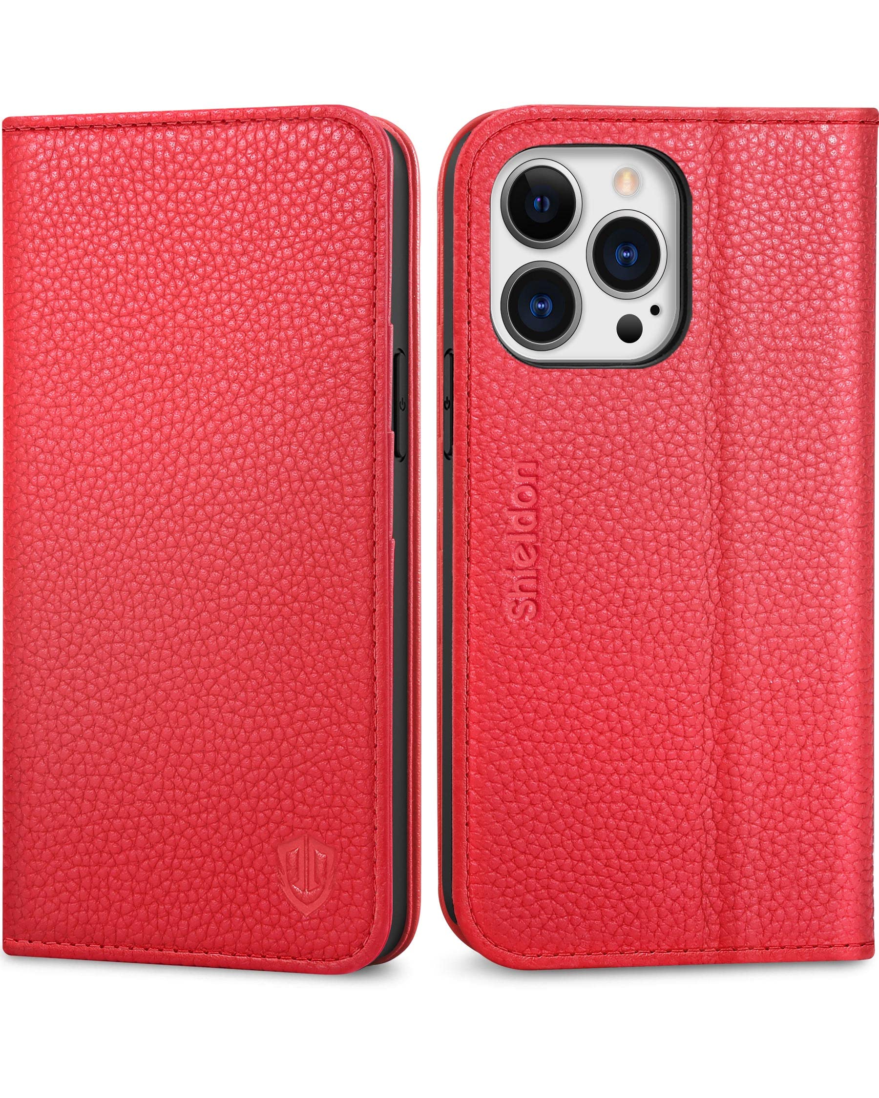 SHIELDON Case for iPhone 13 Pro 5G 2021, Genuine Leather Full Grain Wallet Folding Case with Kickstand RFID Blocking Credit Card Slots Magnetic Closure Compatible with iPhone 13 Pro 6.1" - Litchi Red