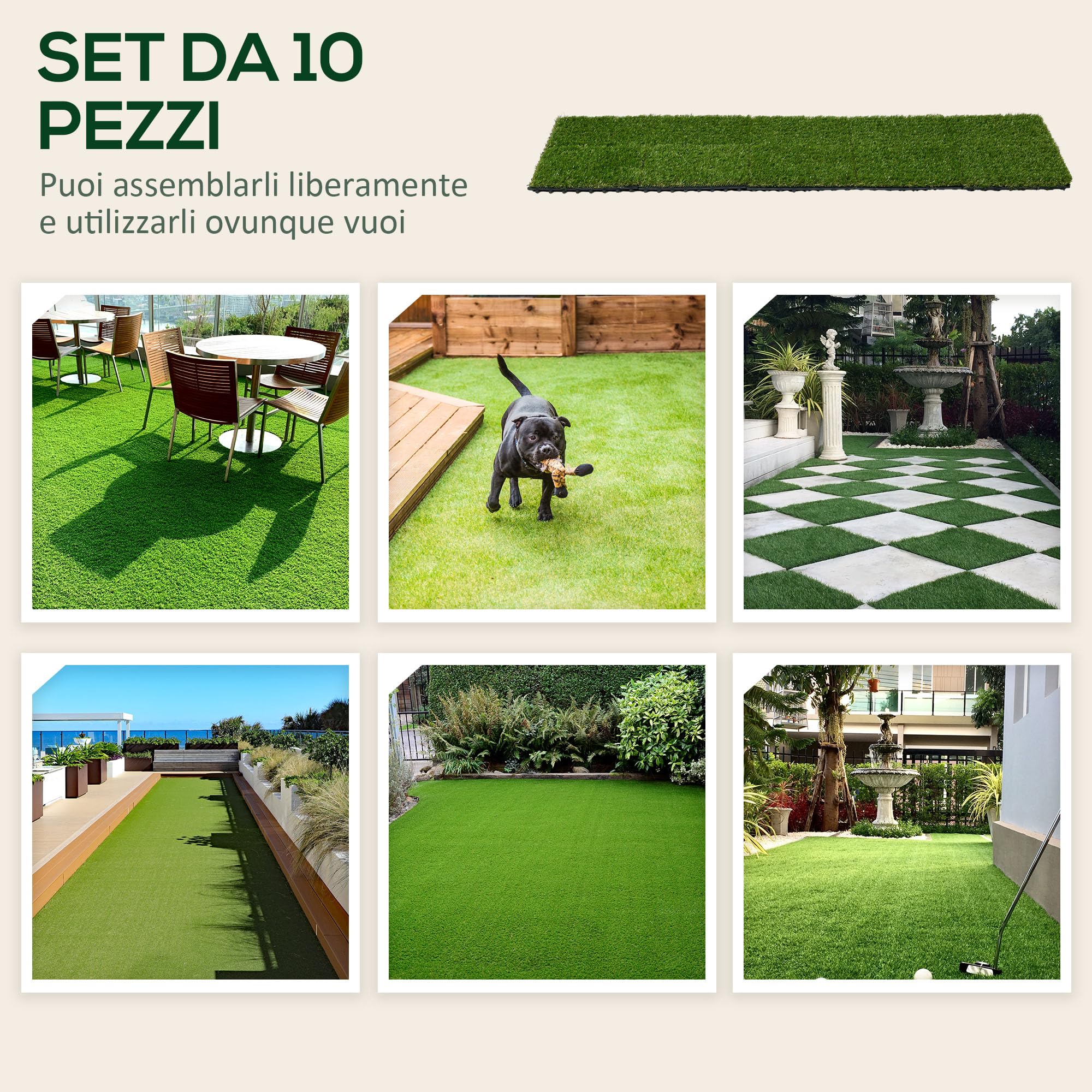 Outsunny Piastrelle da Giardino con Erba Sintetica 30x30cm 10 Pezzi, Prato Artificiale Realistico, Verde