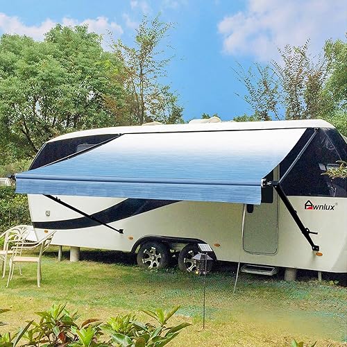 Awnlux Black Manual Modular Retractable RV Awning Full Set Assemblies for RV, 5th Wheel, Travel Trailers, Toy Haulers, and Motorhome - RV Trailer Awning for Home or Camper - 20x8 Ft - Ocean Blue