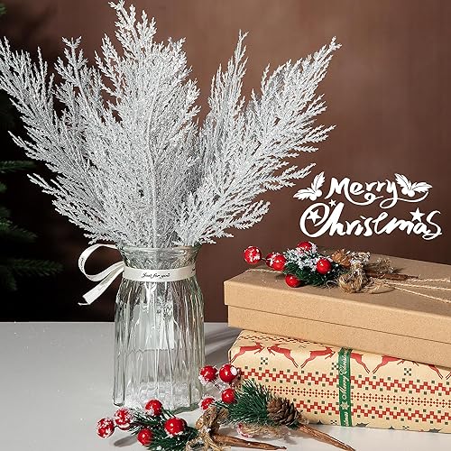 Miniatura 4 de Alpurple 25 ramas de pino artificial de plata de Navidad, 13.5 pulgadas, tallos de pino de follaje falso, hojas plateadas, agujas de pino