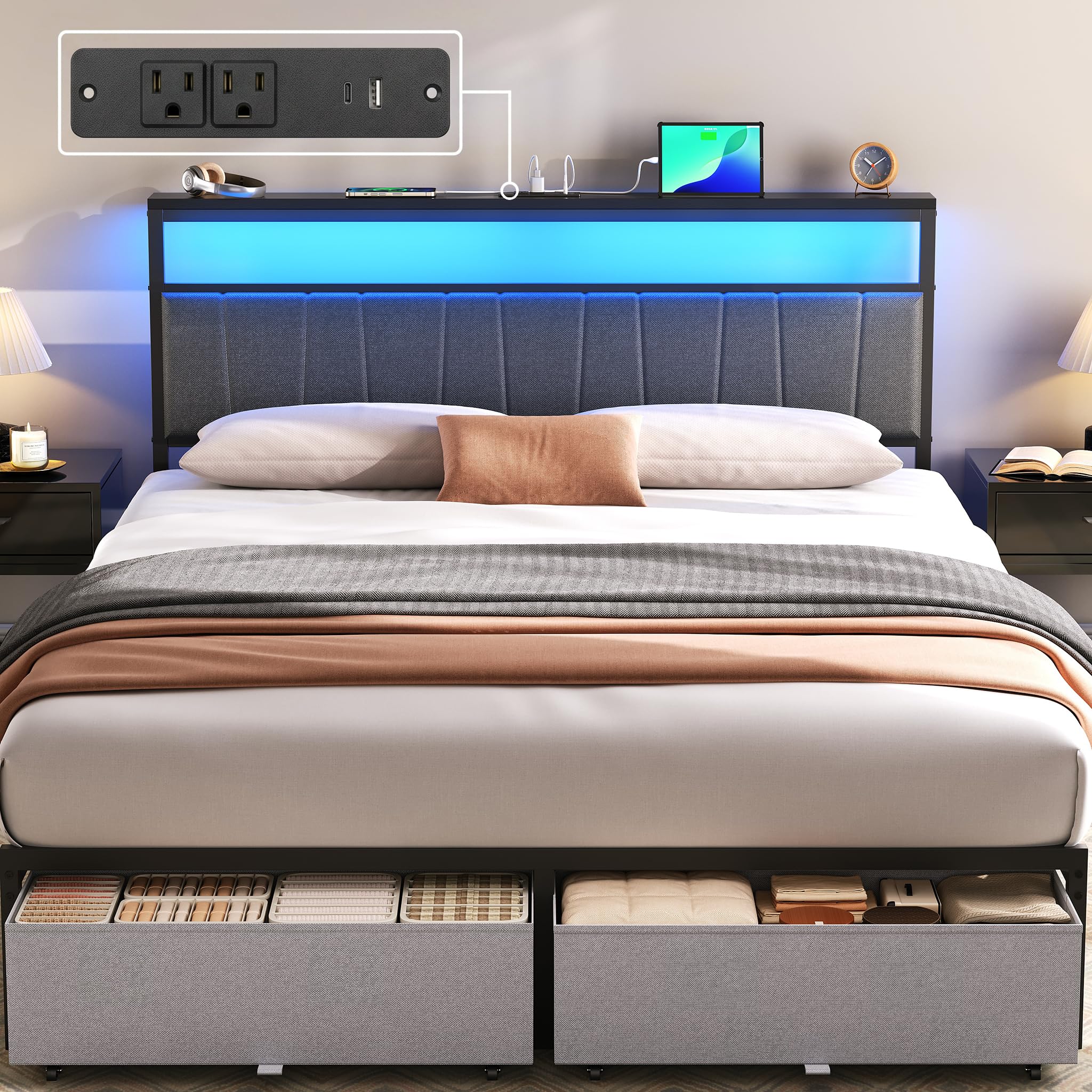 Photo 1 of **PRODUCT SIMILAR TO**UHTN Queen Bed Frame with Storage Drawers and Charging Station, Grey