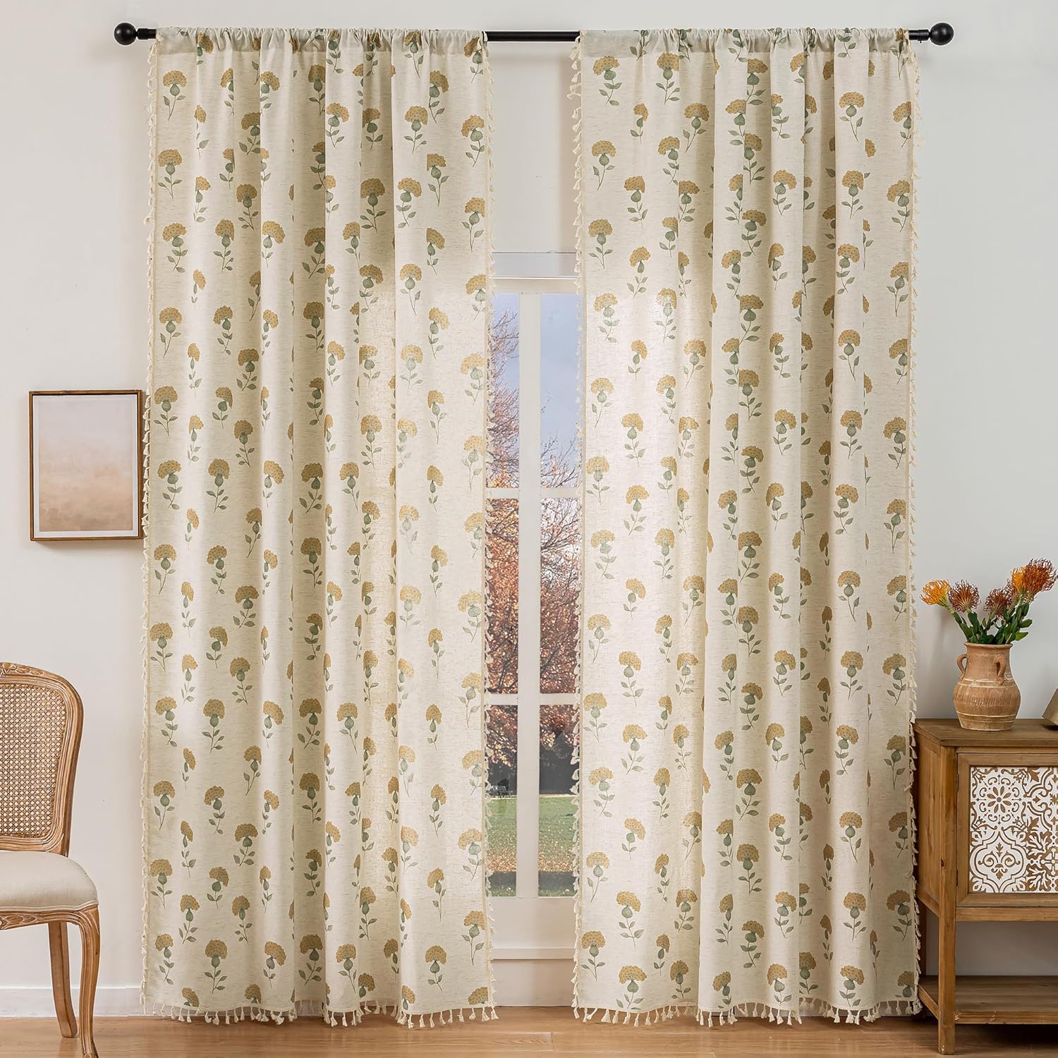 Mustard Yellow Floral Curtains 84 Inch Length for Bedroom Boho Linen Farmhouse Curtains for Living Room Vintage Blossom Patterned Rod Pocket Semi Sheer Window Treatments Drapes 2 Panels