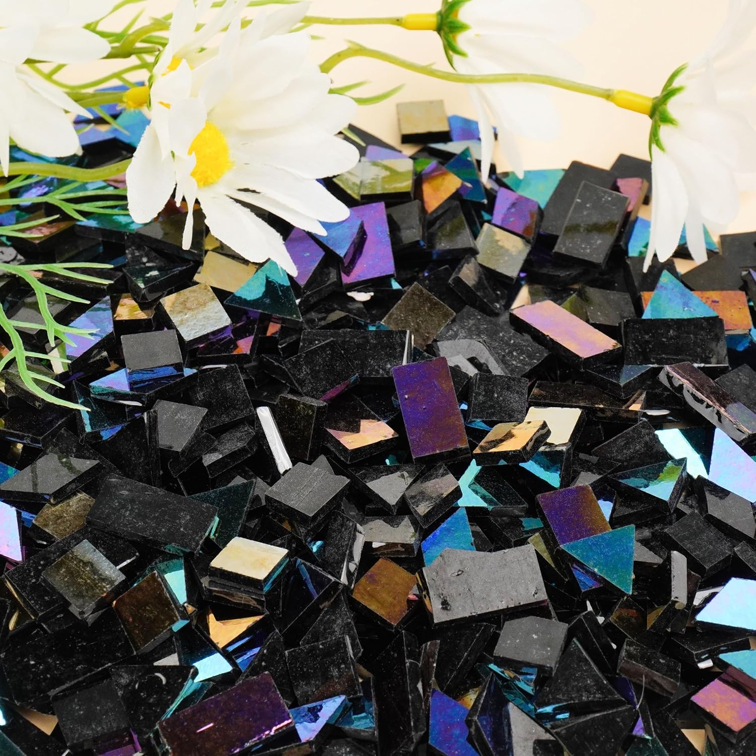 VARIART Stained Glass Mosaic Tiles, Iridescent Glass Pieces, Black Mixed