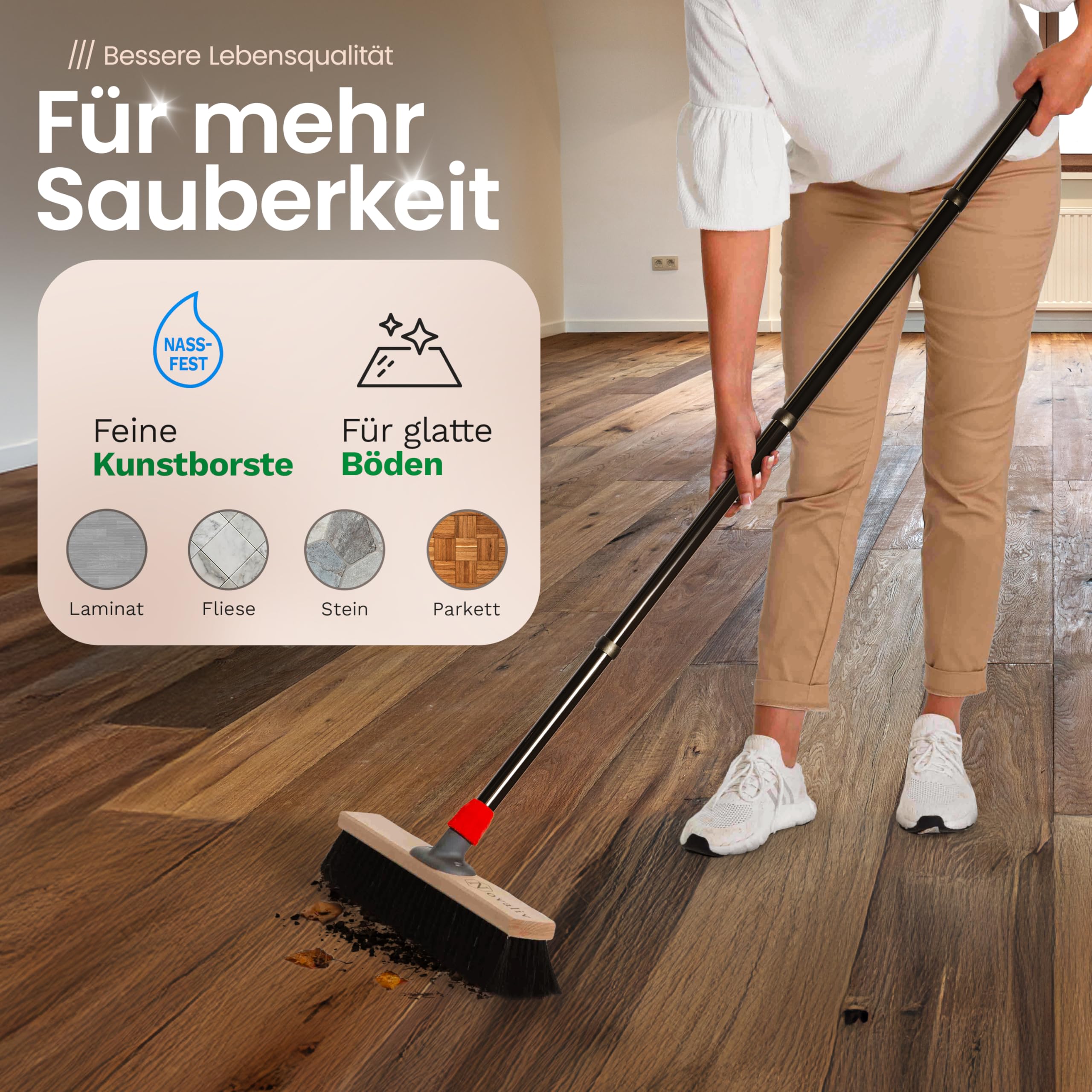 Novaliv Bezem 40 cm met steel zaalbezem kunstborstelharen incl