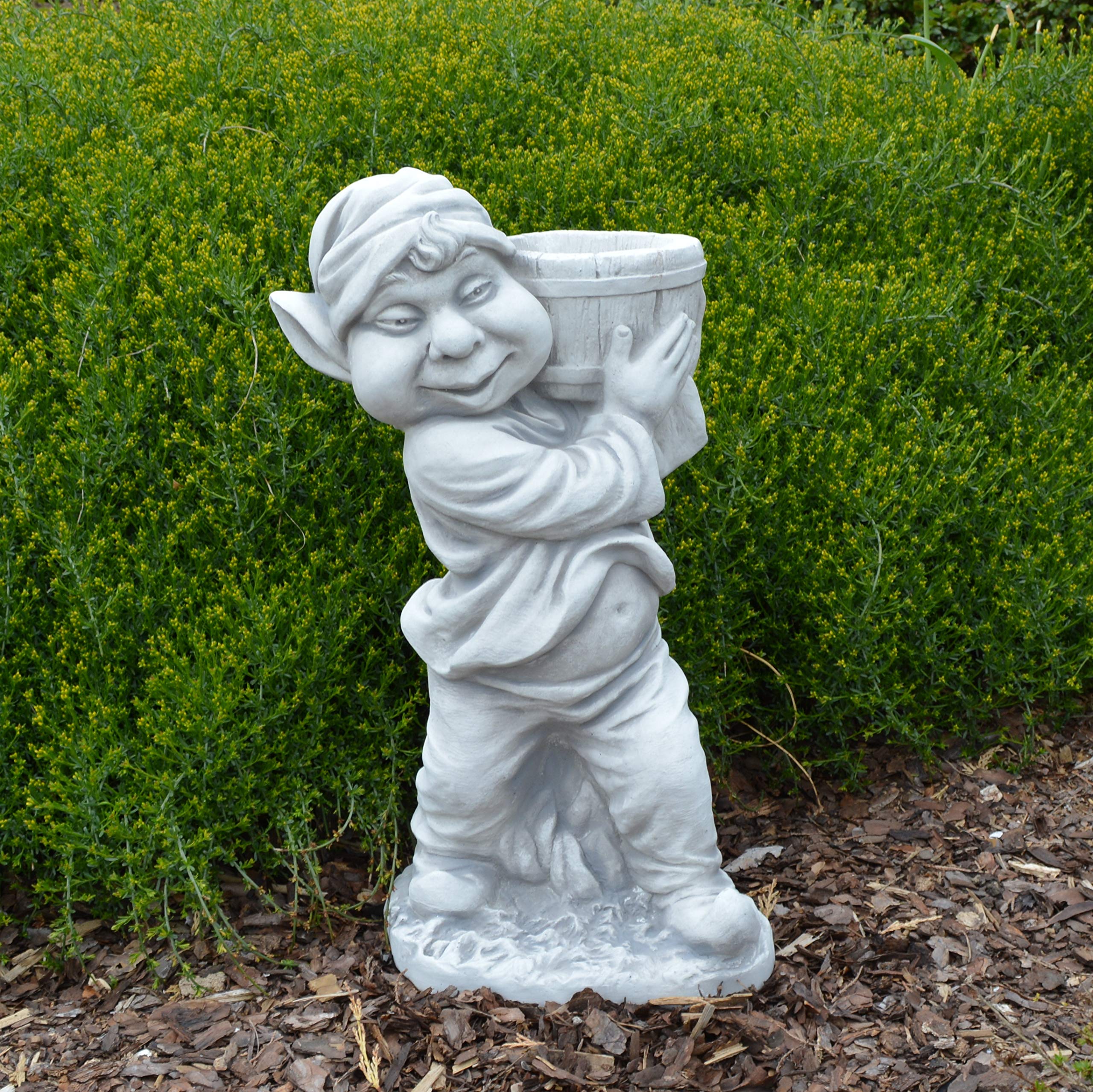 gartendekoparadies.de Gnom mit Pflanzgefäß, Steinfigur Wichtel, H. 50 cm, 19 kg, Grau, frostsicher aus Steinguss für Außenbereich