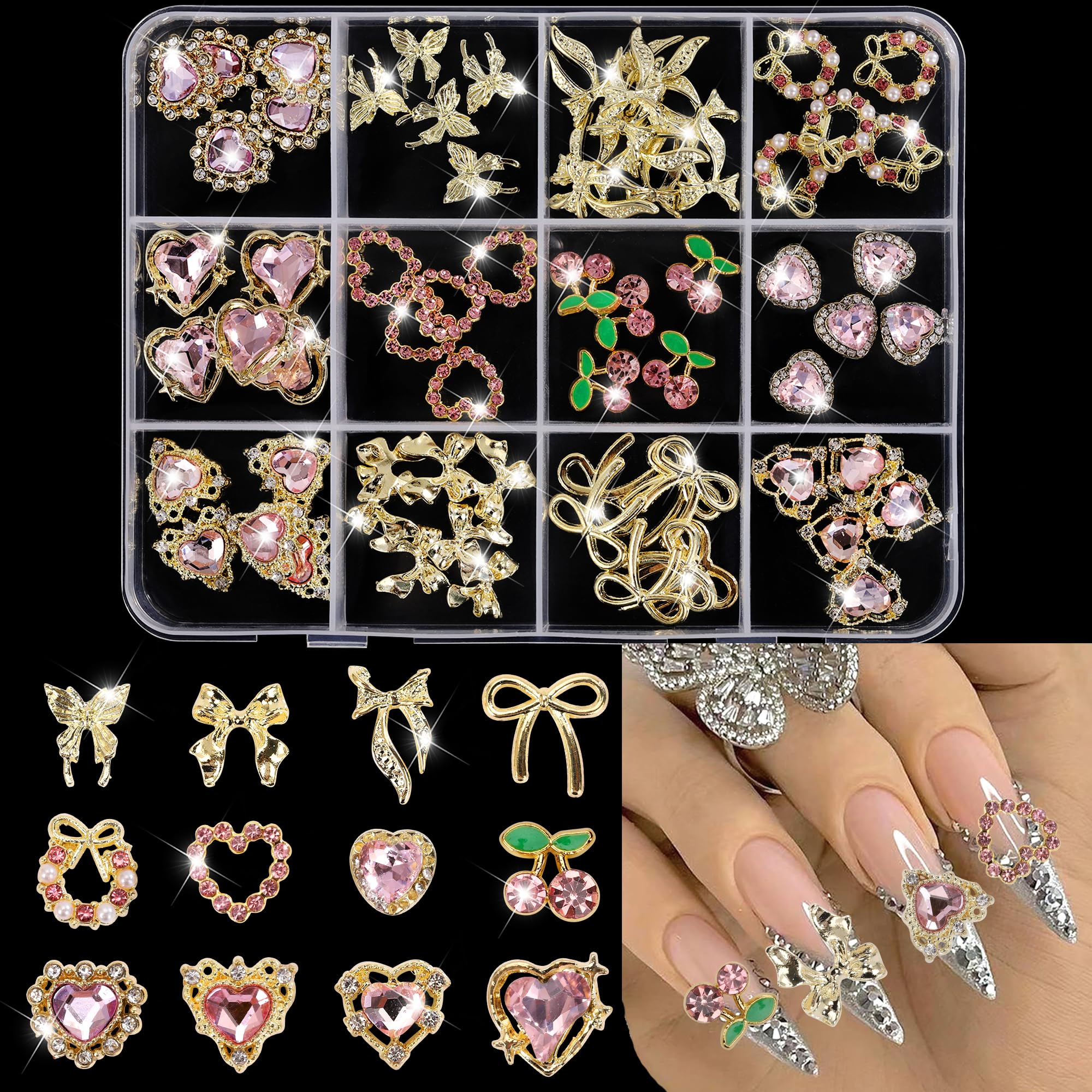 60 Pcs Heart Nail Charms, Rhinestone Gold Butterflies Bows Nail Art Gems, Star Heart Butterfly Charms Decorations Cherry Acrylic Nail Accessories for Women DIY Crafts 1