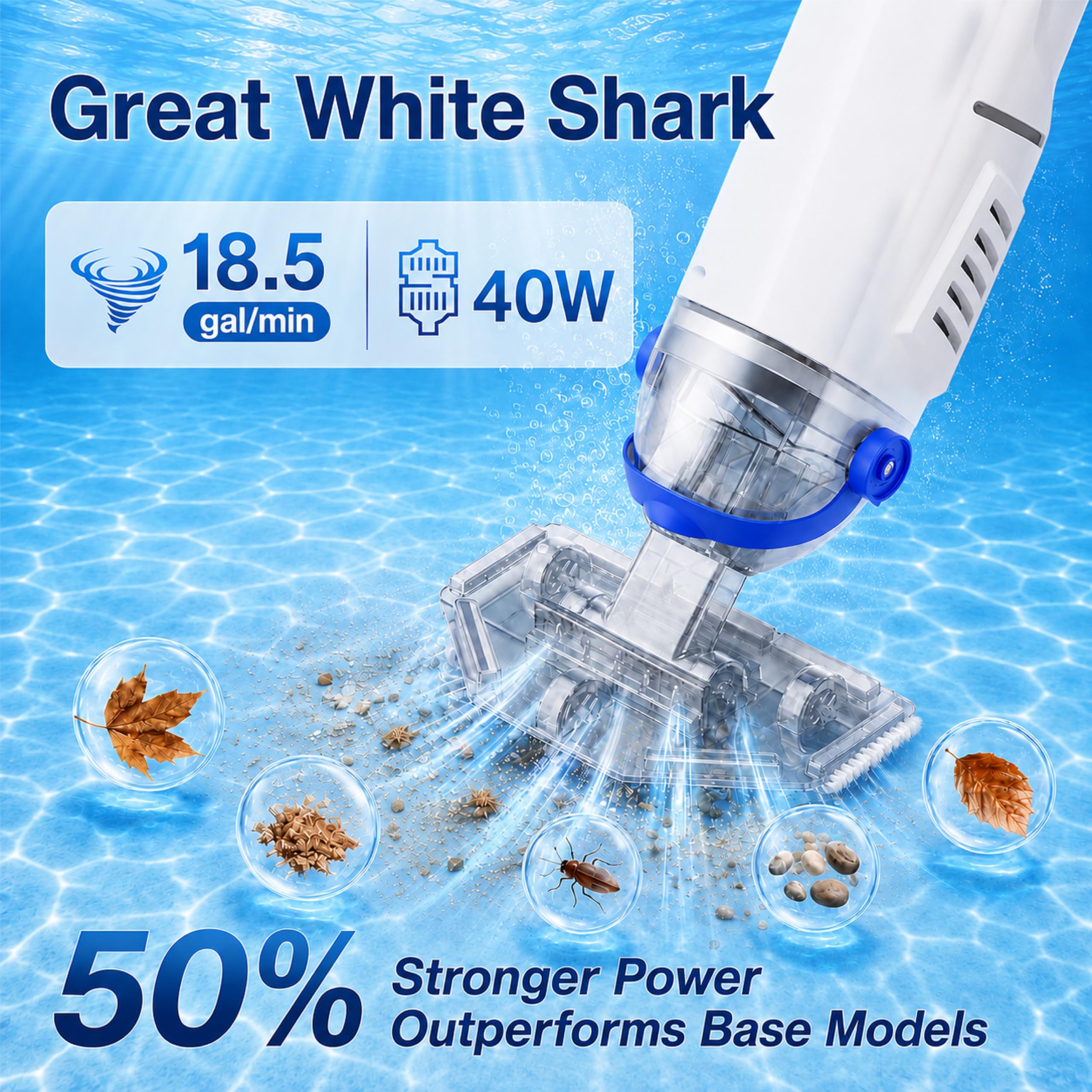 Aspirateur de piscine sans fil avec manche télescopique, aspiration puissante de 60 minutes et tête transparente, nettoyeur portable rechargeable pour piscines hors sol, piscines creusées