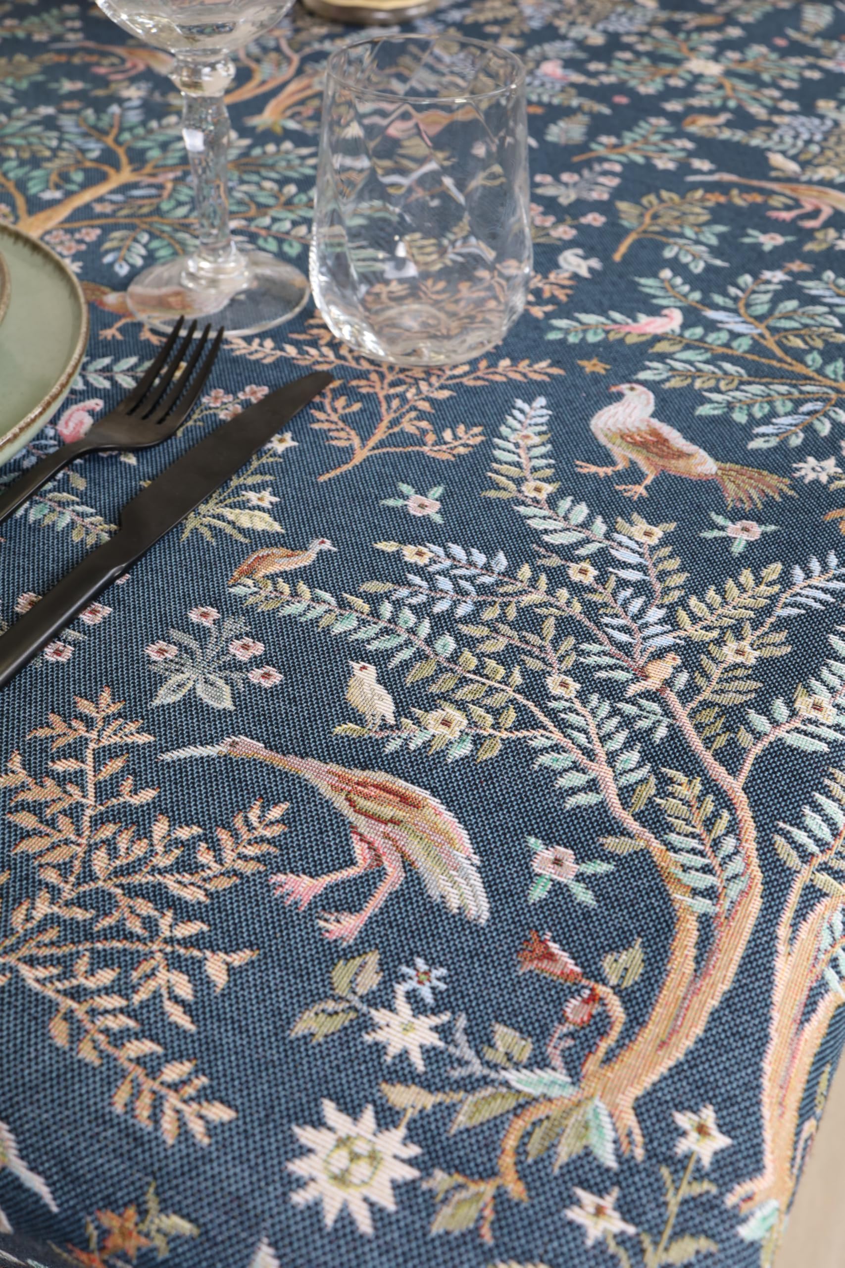 Tovaglia 165x300 cm William Morris "Paradiso in Terra" - blu, tovaglia Gobelin Jacquard di alta qualità, decorazione per tavolo da pranzo, facile da pulire, lavabile fino a 30 °C