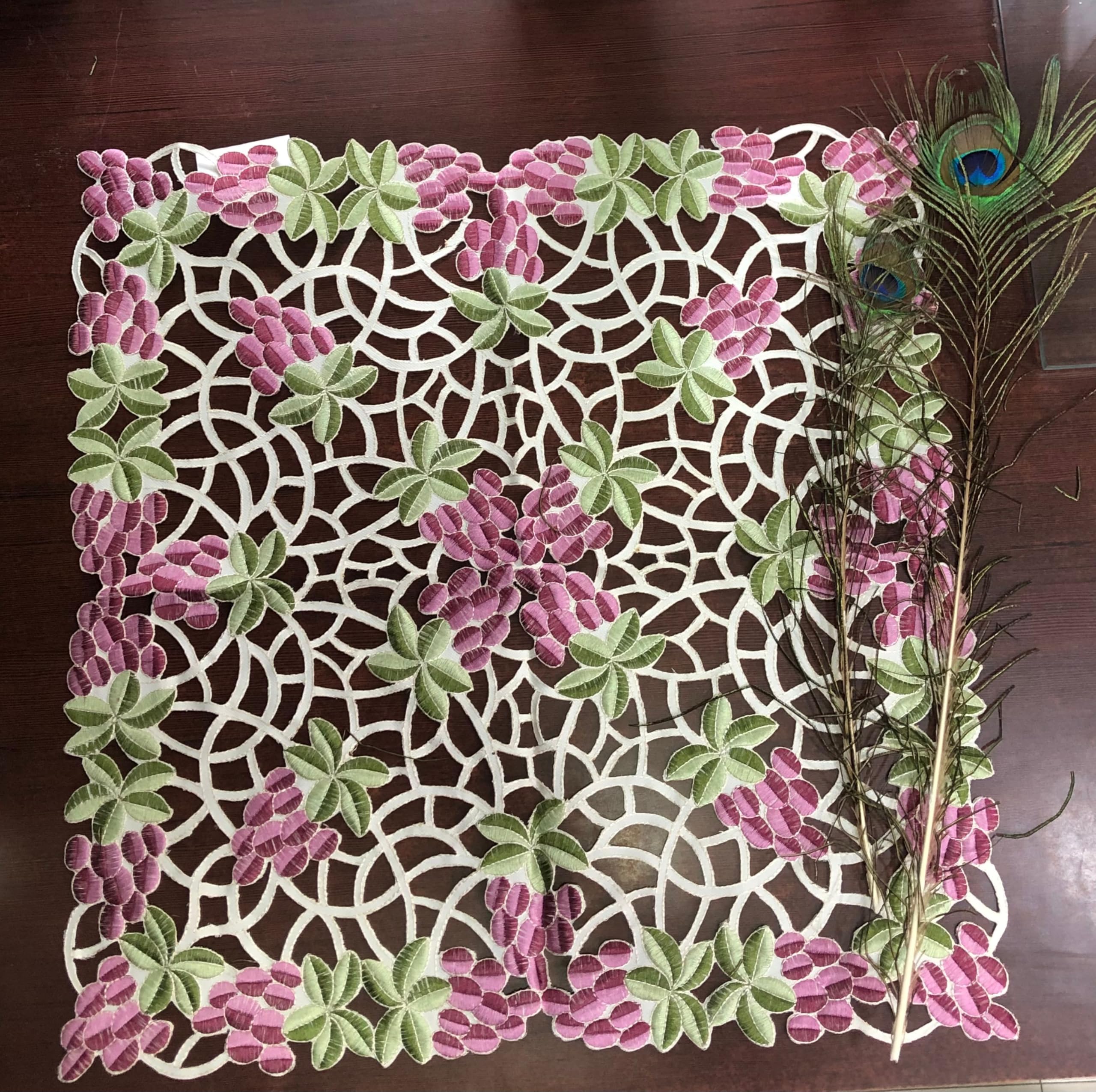VHC Cutwork Cotton Table Cover, 55 x 55 cm, Pink Floral Embroidery with Green Leaves, Square Shape, Pink-image-2