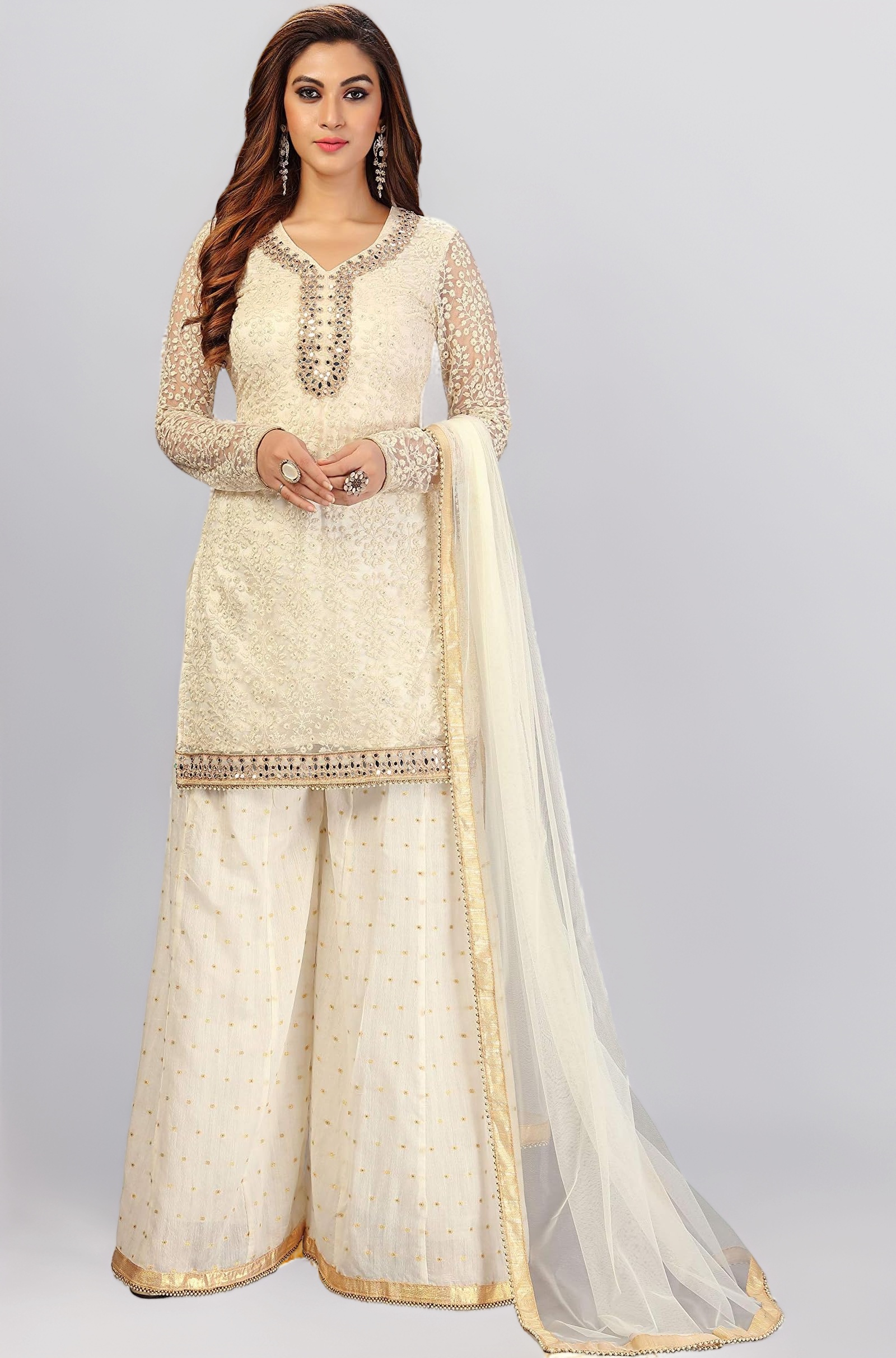 TRENDMALLS Women's Cotton Embroidery Salwar Suit Set Kurta Sharara with Dupatta Kurta Palazzo Set Stitched Ready To Wear