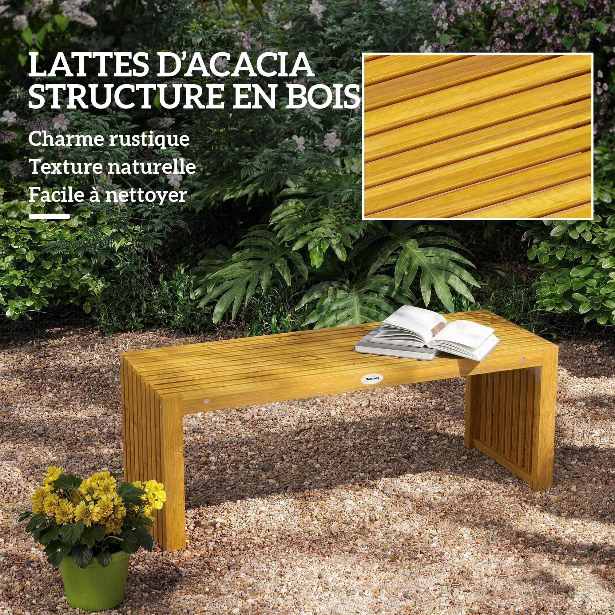 Outsunny Banc de Jardin en Bois d'Acacia, Banc d'Extérieur sans Dossier 2 Places avec Assise à Lattes Effet Bois, Charge 240 kg, 110x30x45cm, Bois Naturel