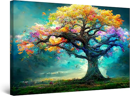 Startonight Lienzo decorativo abstracto para pared, diseño de árbol de hadas, pintura de color arco iris, impresión grande estirada, moderna para