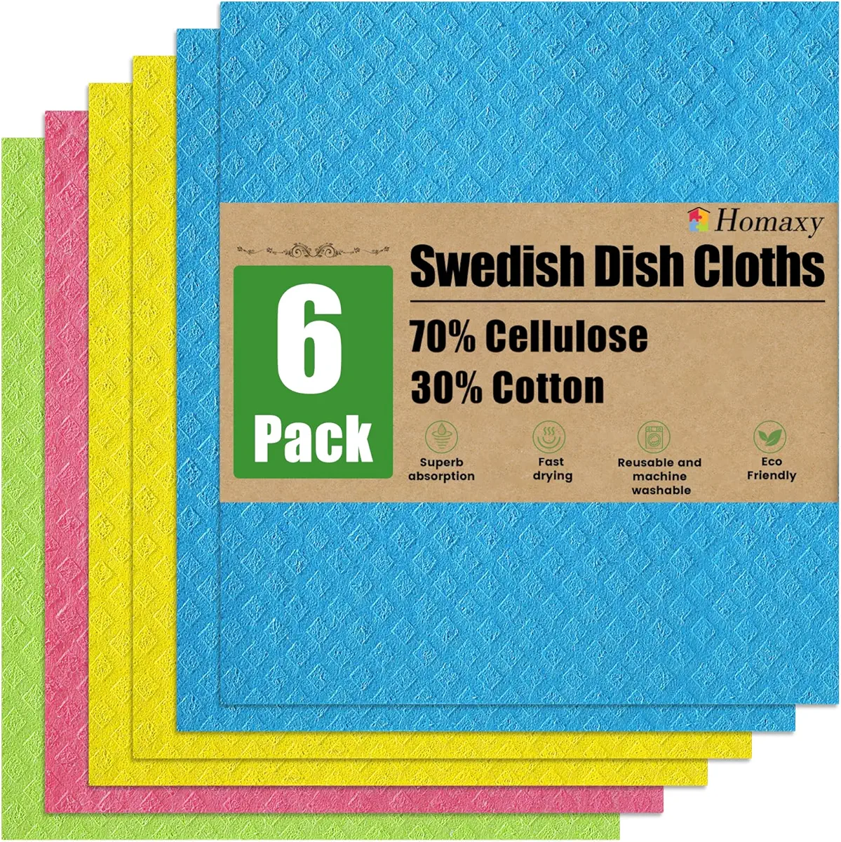 Homaxy Swedish Dishcloths for Kitchen, 6 Pack Reusable and Eco-Friendly Cellulose Sponge Cloths Dish Towels, Absorbent and No Odor Paper Towels for Dishes ＆ Counters, Assorted