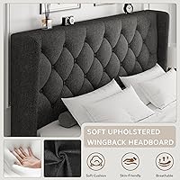 Vista 3 de iPormis Base de cama de plataforma tamaño Queen con cabecera capitoné con botones, marco de cama tapizado con listones de madera maciza, espacio