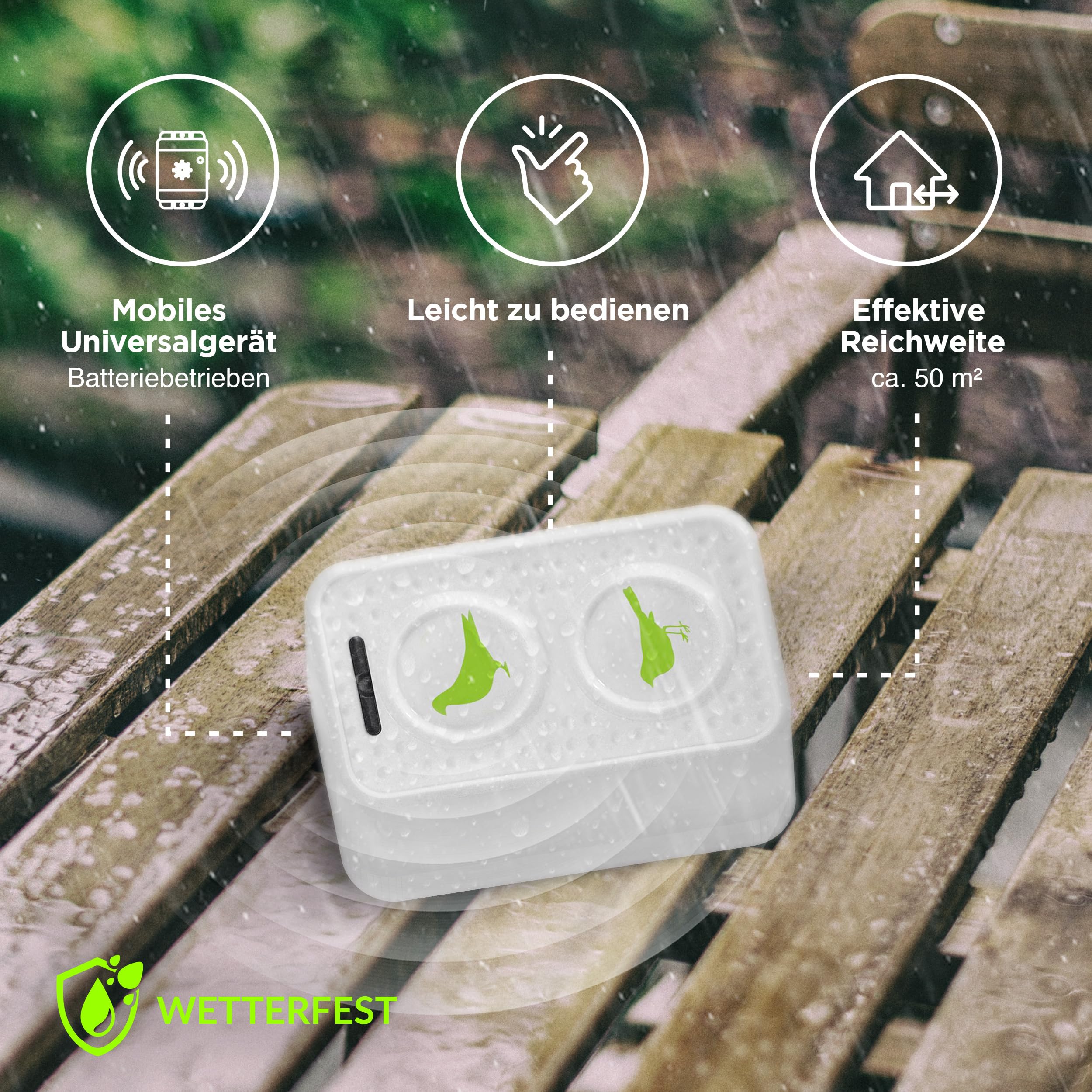 ISOTRONIC Ultraschall Vogelabwehr zum Vertreiben von Tauben, Spatzen, Möwen & Krähen – batteriebetriebener Vogelschreck für Balkon, Dach & Garten – Taubenabwehr mit 50m² Wirkungsbereich (1 Stück)