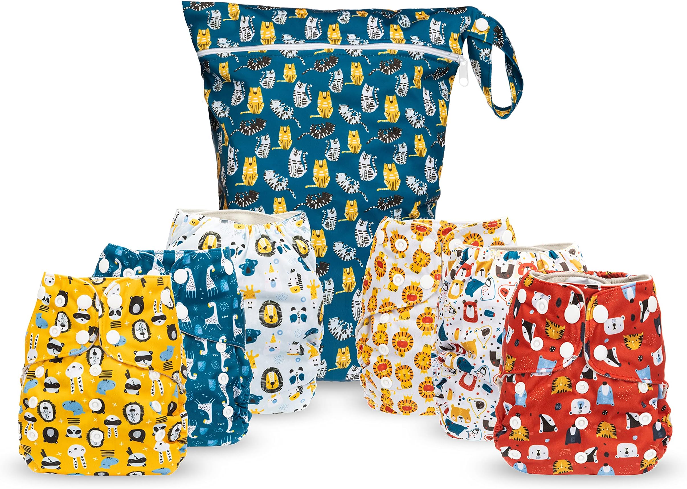 Simple Being Reusable Cloth Diapers, Double Gusset, One Size Adjustable, Washable Soft Absorbent, Waterproof Cover, Eco-Friendly Unisex Baby Girl Boy, six 4-Layers Microfiber Inserts (Boy Animals)